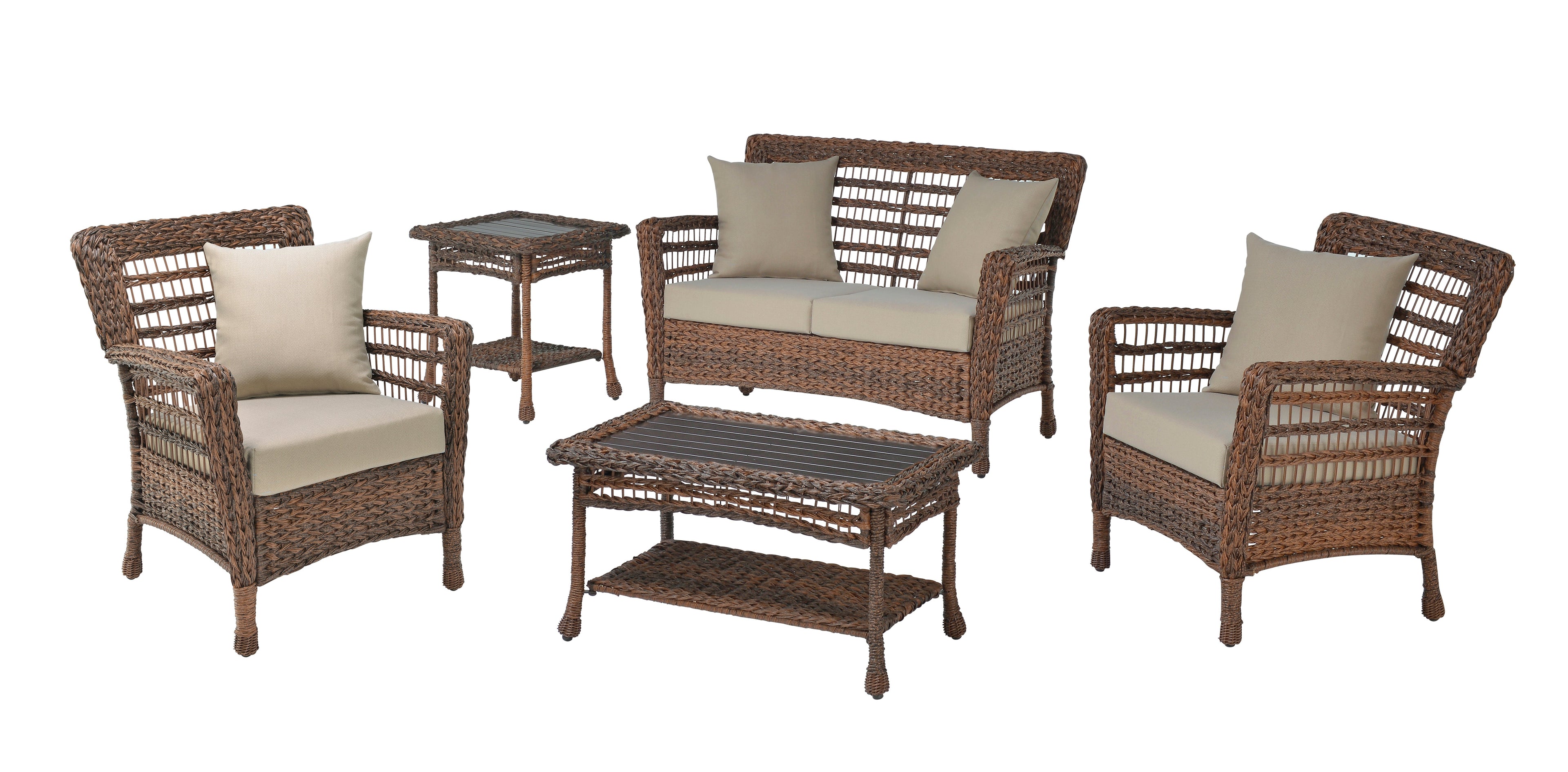 Faux Sea Grass Resin Rattan Patio set - 1 Loveseat, 2 Armchairs, 1 Coffee Table and 1 End Table