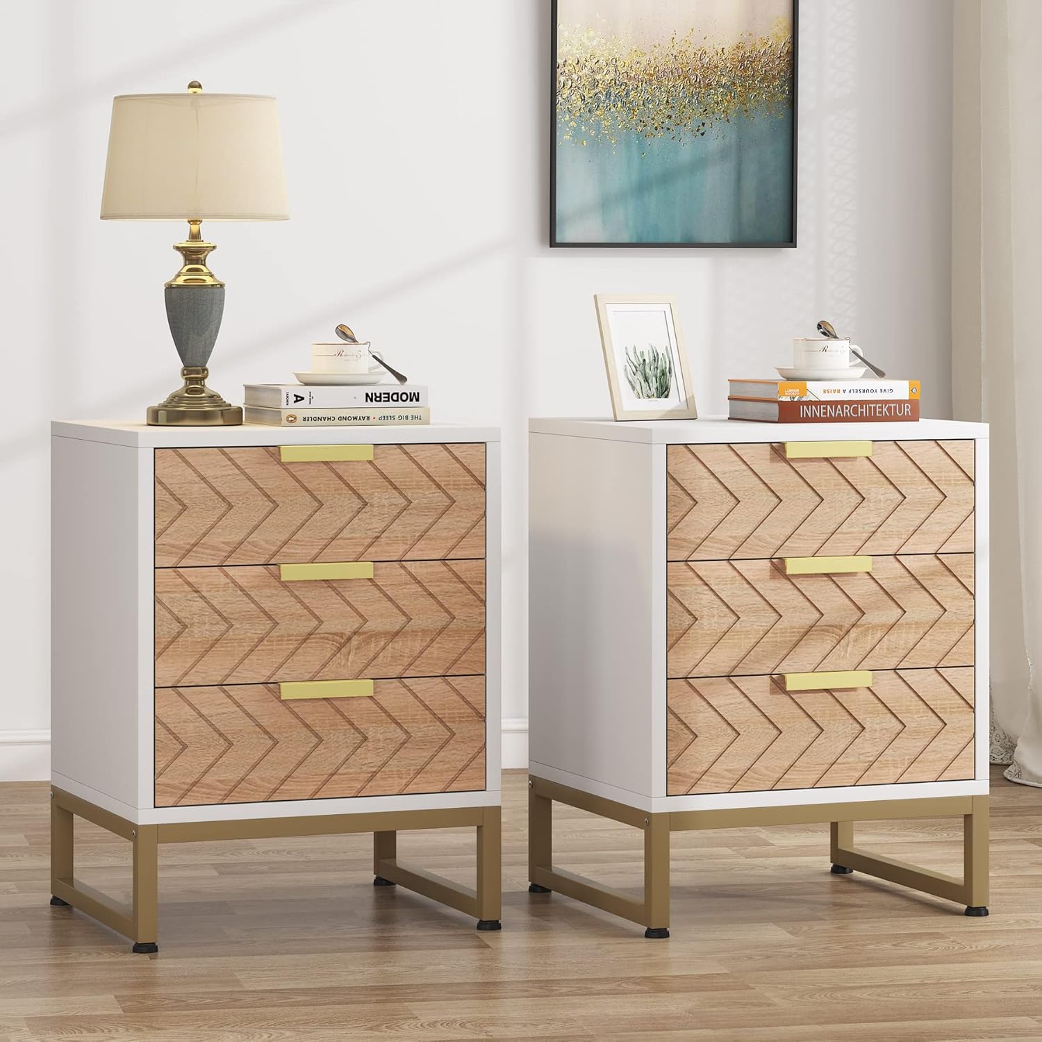 Set of 2 Modern Nightstands with 3 Drawers, 17.7" White & Walnut Bedside Tables with Gold Accents for Bedroom or Living Room