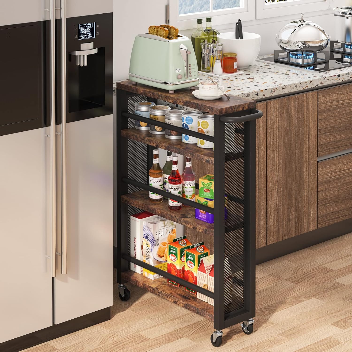 20" Slim 4-Tier Rolling Utility Cart with Wheels, Narrow Kitchen Storage Trolley for Small Spaces, Wood and Metal Spice Rack Organizer, Brown & Black
