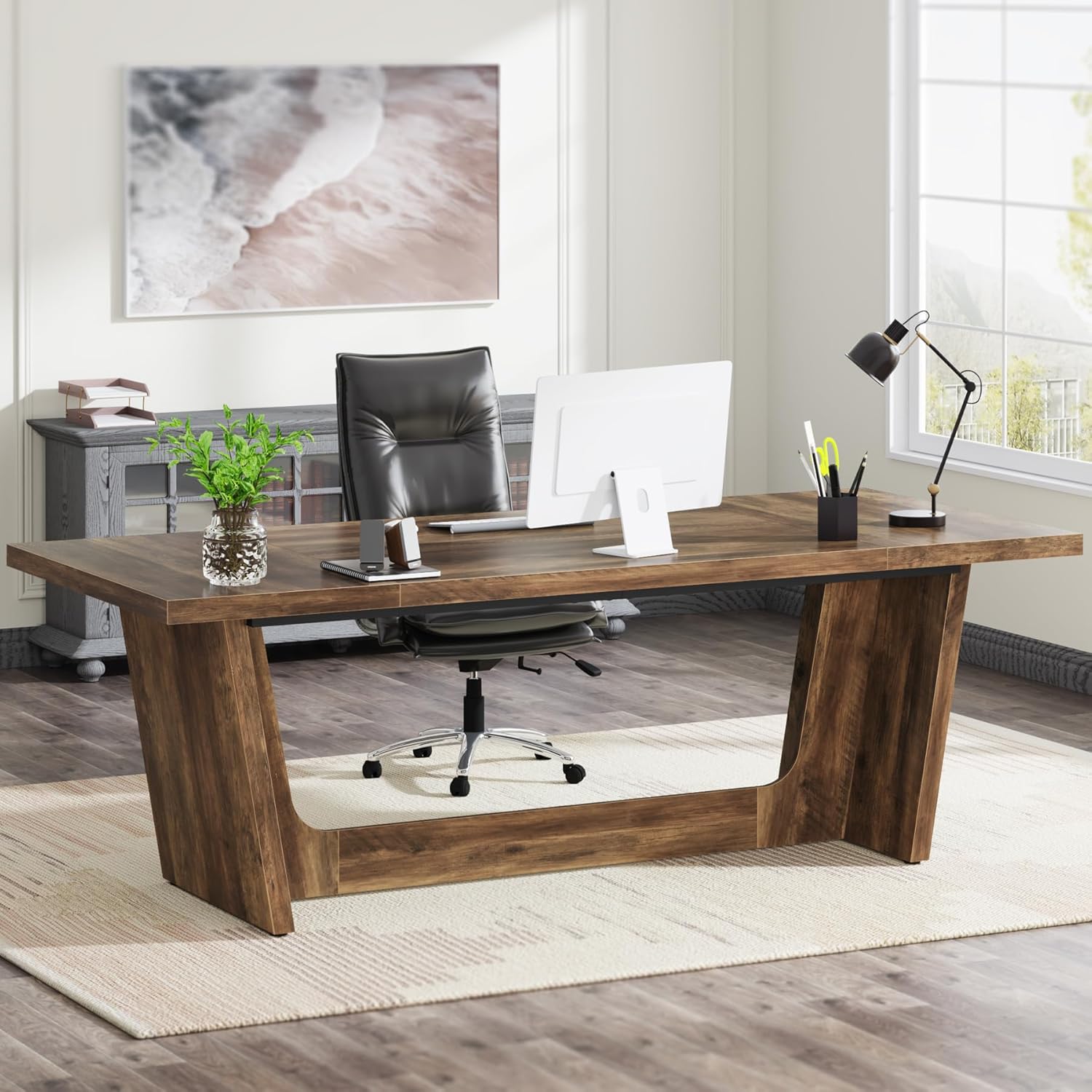 71" Executive Desk for Home Office  Industrial Rustic Wood Computer Table with Solid Wooden Pedestal, Large Writing Workstation for Study or Business  Heavy-Duty, Scratch-Resistant Finish  Rustic Brown (Table only)
