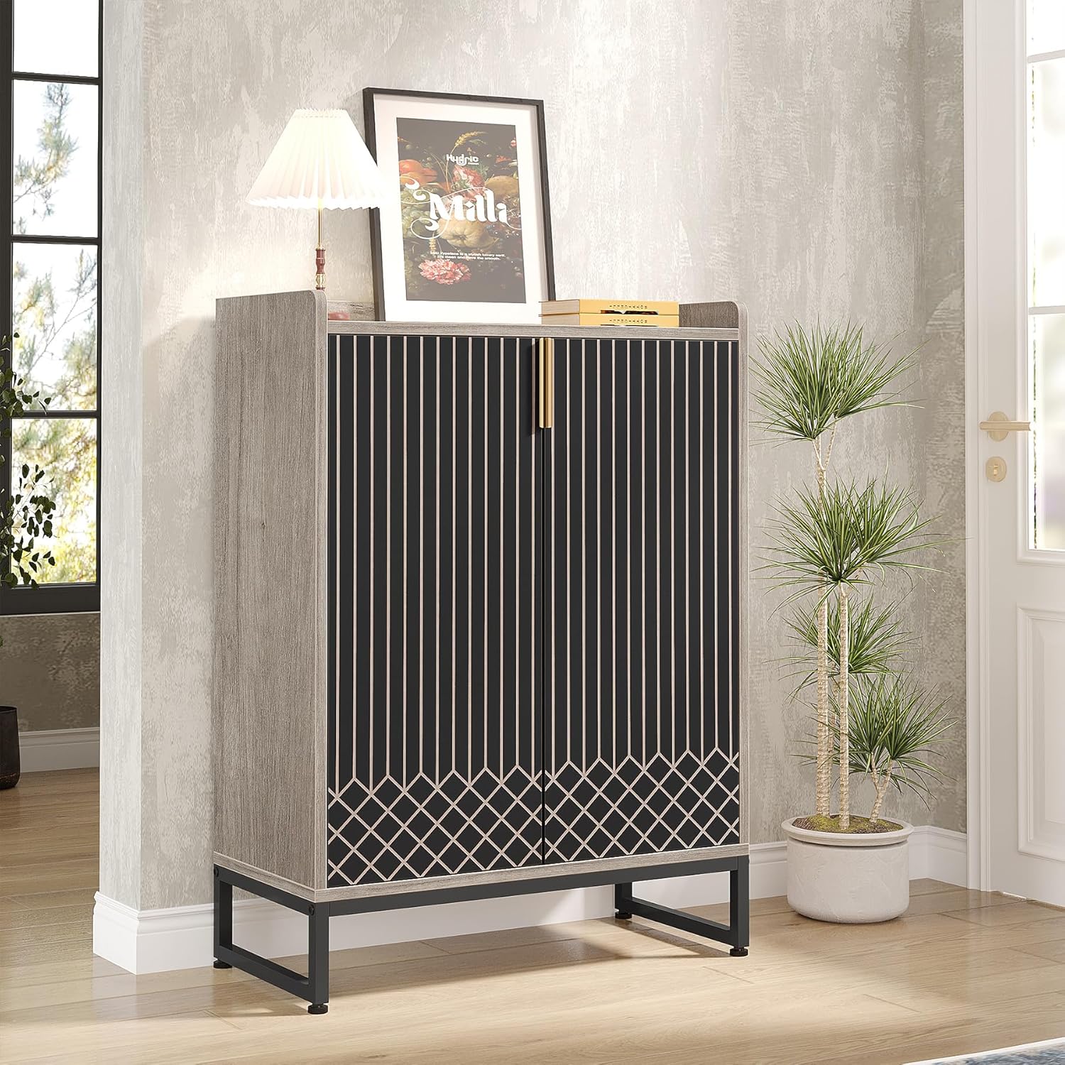 29.52" Grey & Black Shoe Cabinet with Doors, 5 Tiers Shoe Storage Organizer