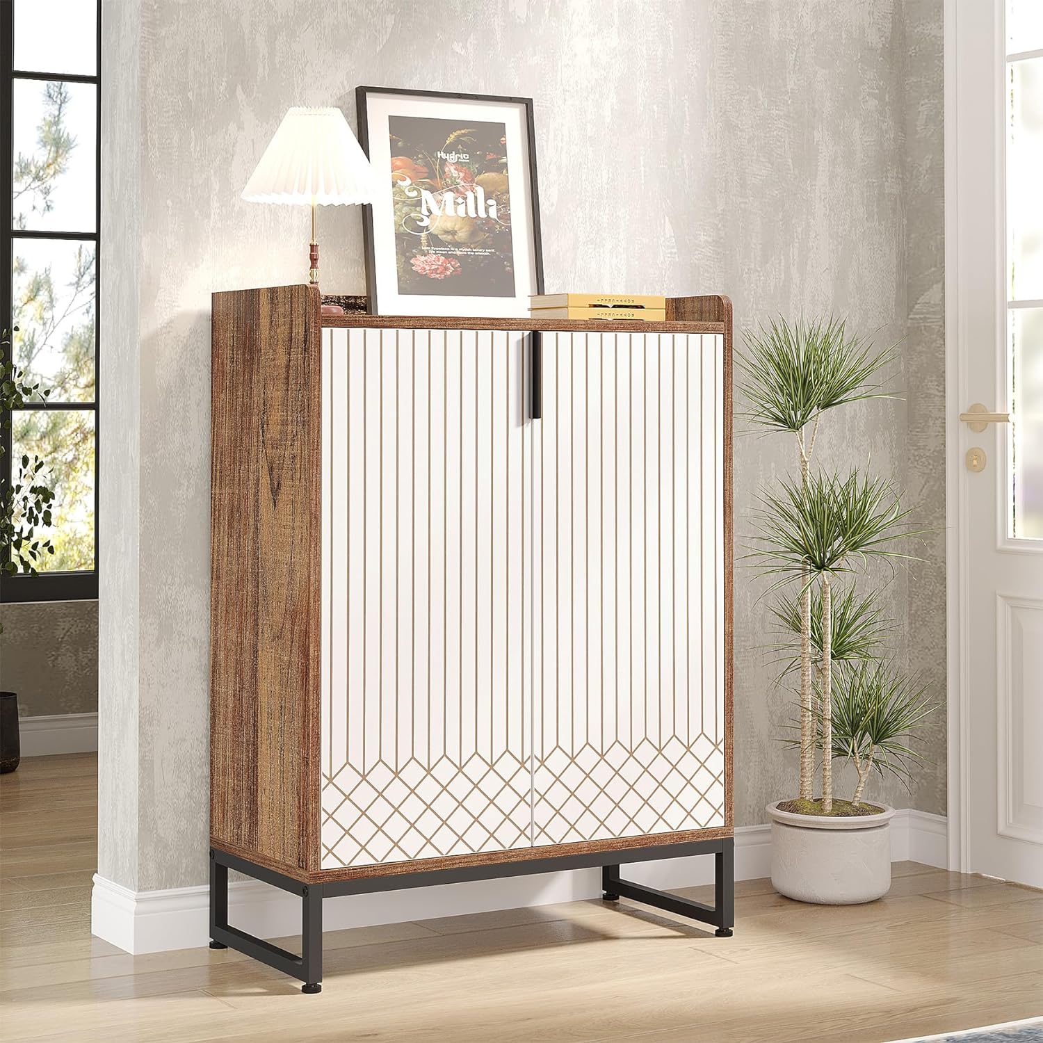 29.52" Brown & White Shoe Cabinet with Doors, 5 Tiers Shoe Storage Organizer