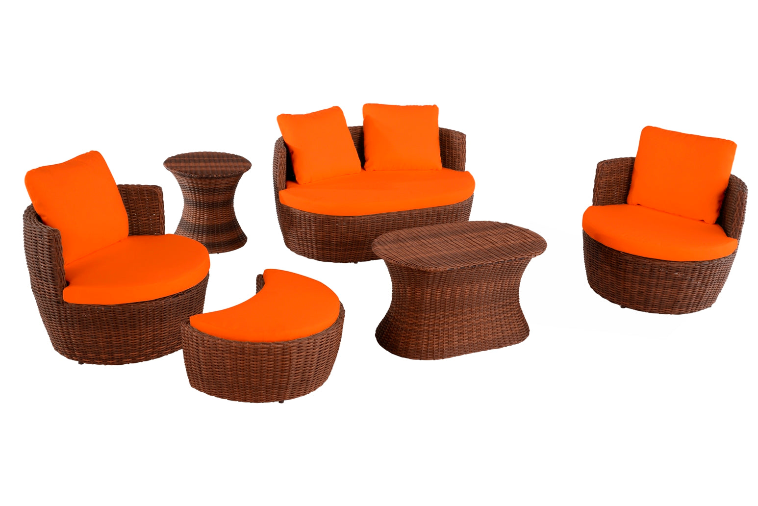 Outdoor 6-piece Conversation Set with Ottoman - Dark Brown -Orange