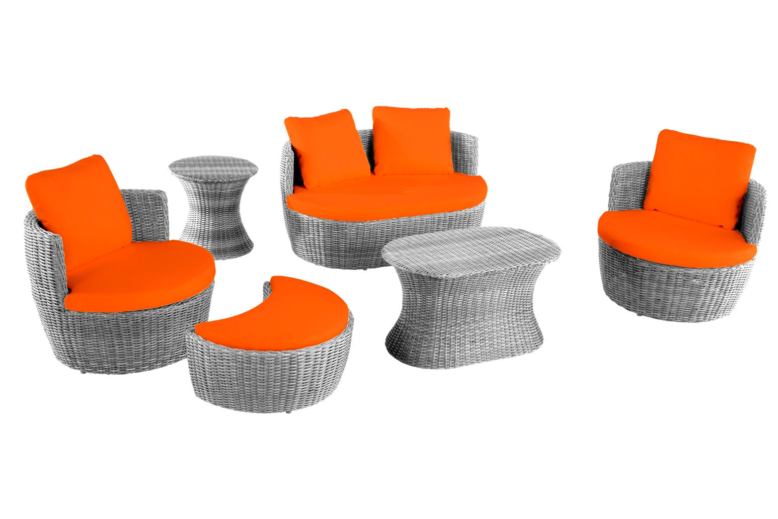 Outdoor 6-piece Conversation Set with Ottoman - Grey -Orange