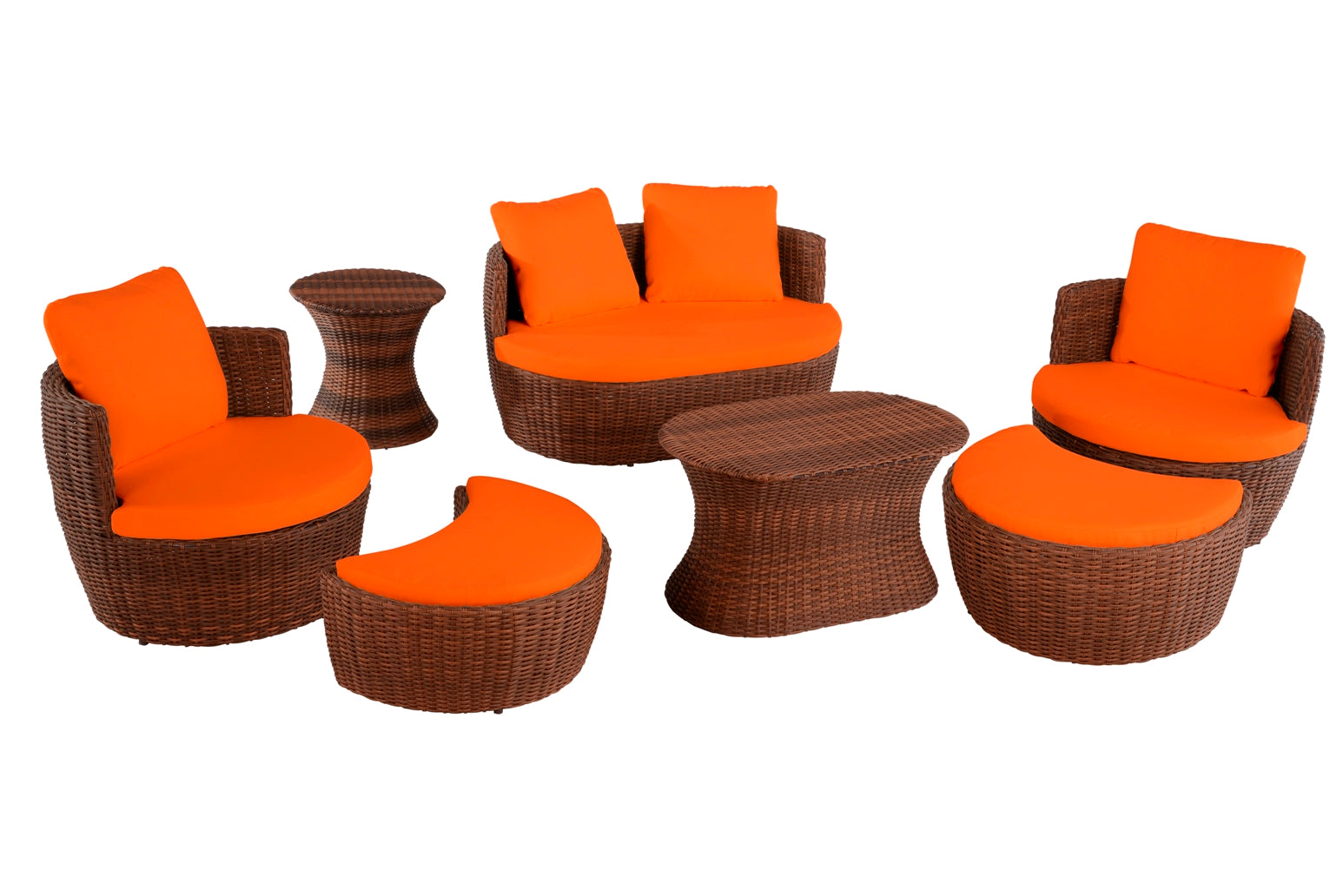 Outdoor 7-piece Conversation Set with Ottoman - Dark Brown -Orange