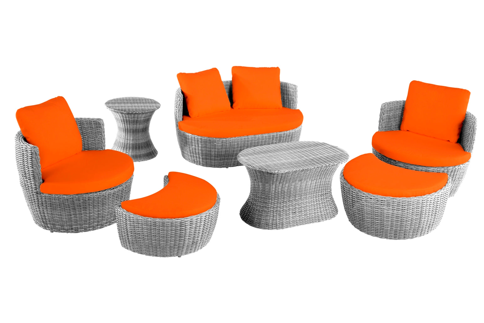 Outdoor 7-piece Conversation Set with Ottoman - Grey -Orange
