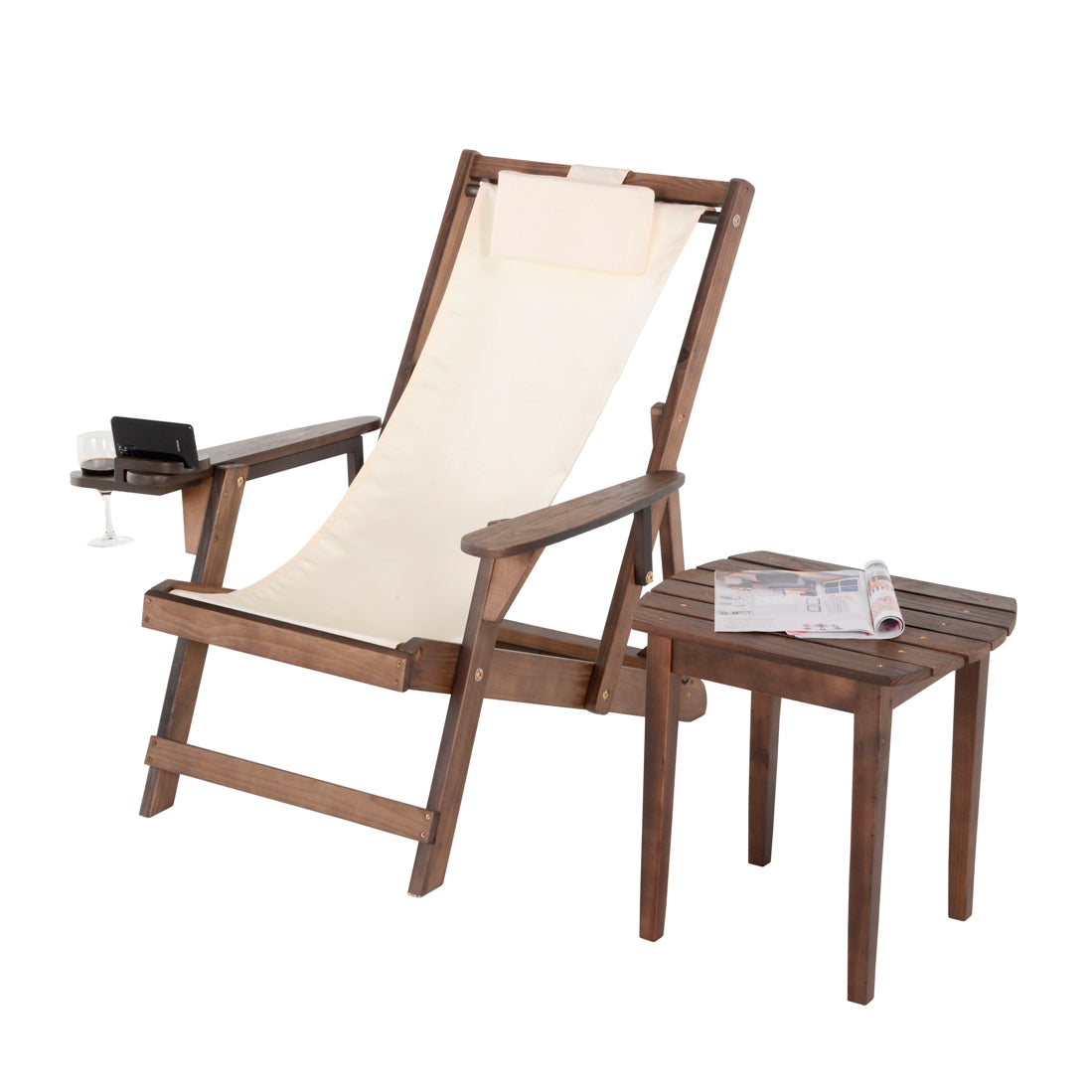 Canvas Sling Chair with Cup and Wine Holder and end table - Dark Brown