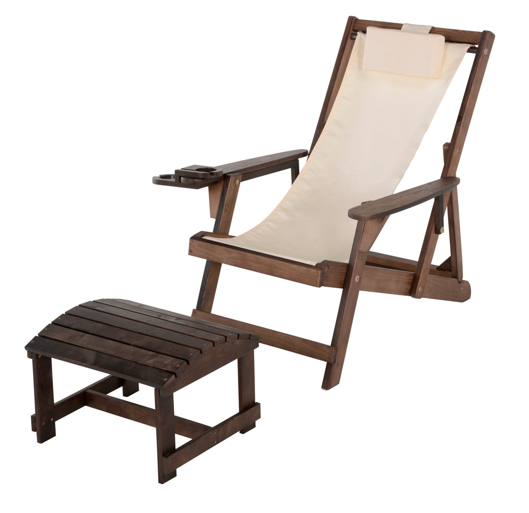 Canvas Sling Chair with Cup and Wine Holder and Ottoman - Dark Brown