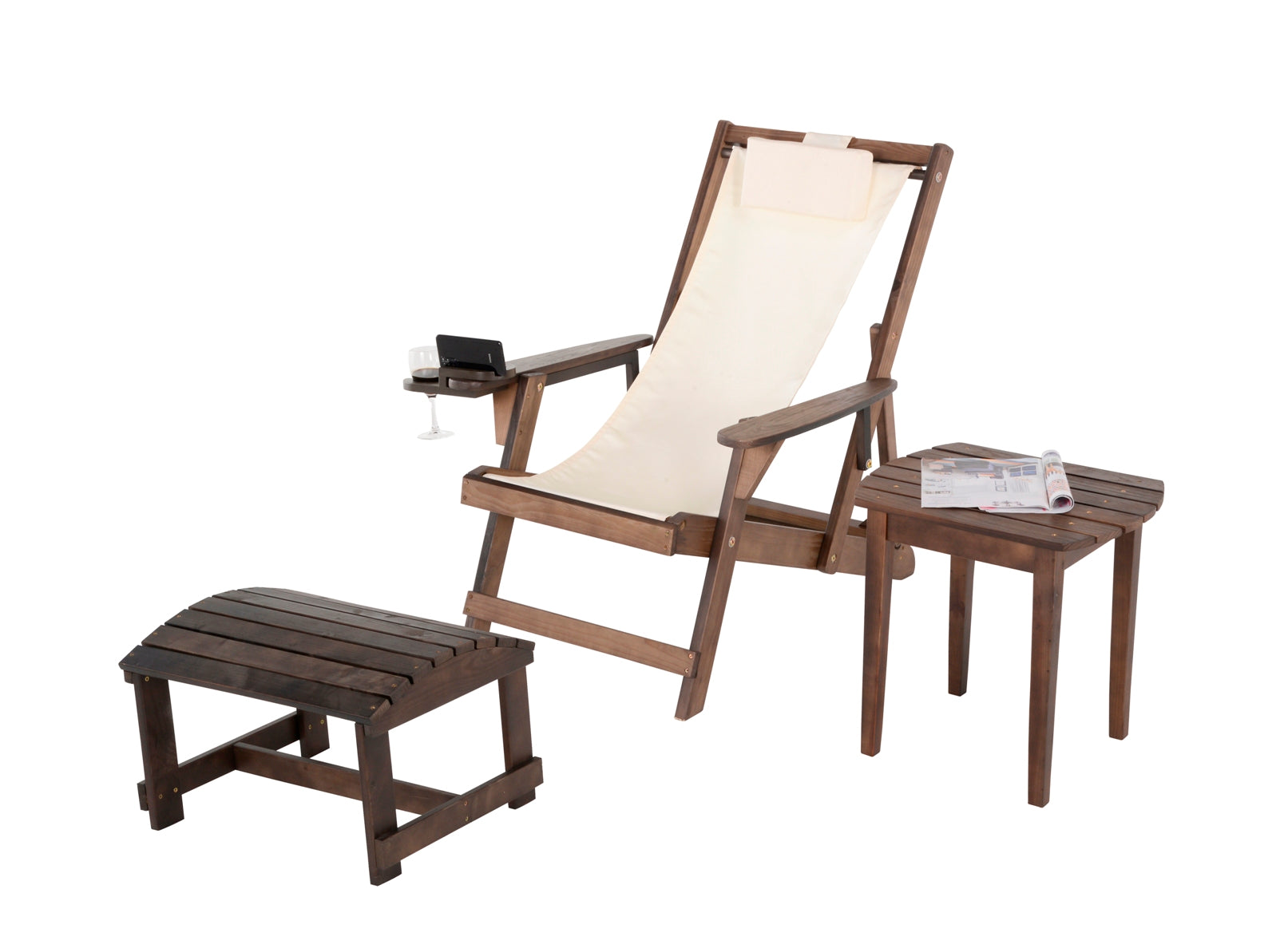 Canvas Sling Chair with Cup and Wine Holder and Ottoman (Set of 3) - Dark Brown