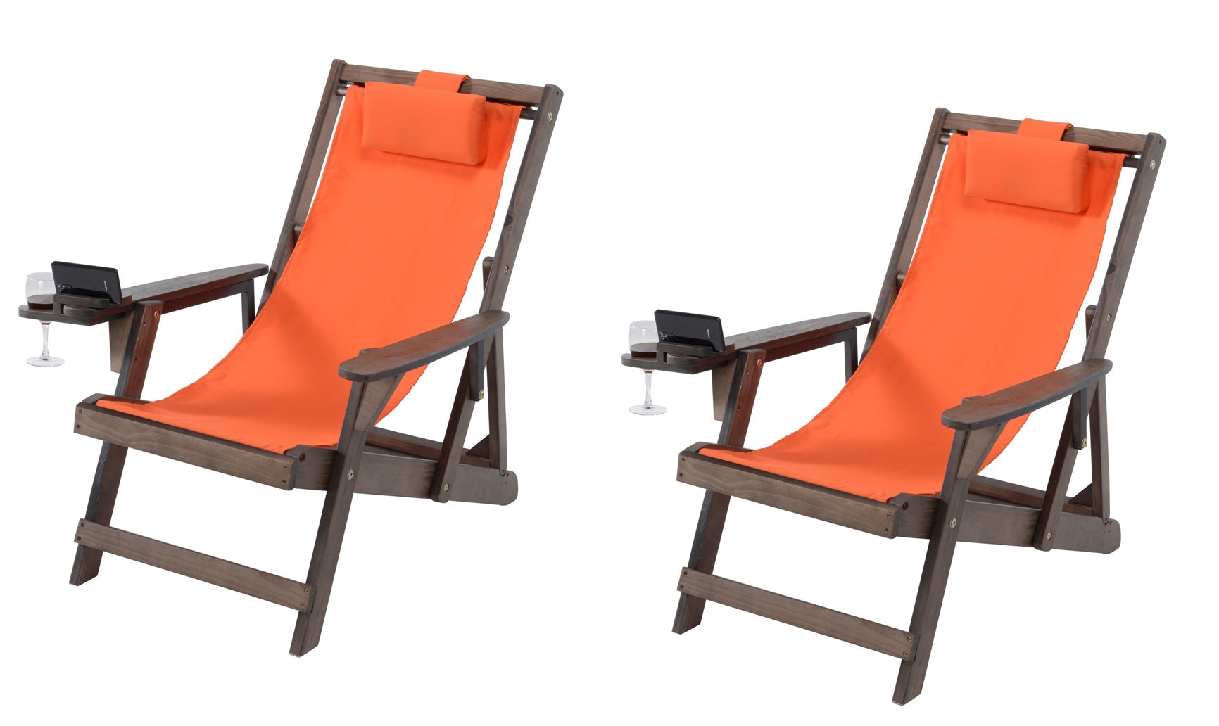 Canvas Sling Chair with Cup and Wine Holder (Set of 2) - Dark Brown and Orange
