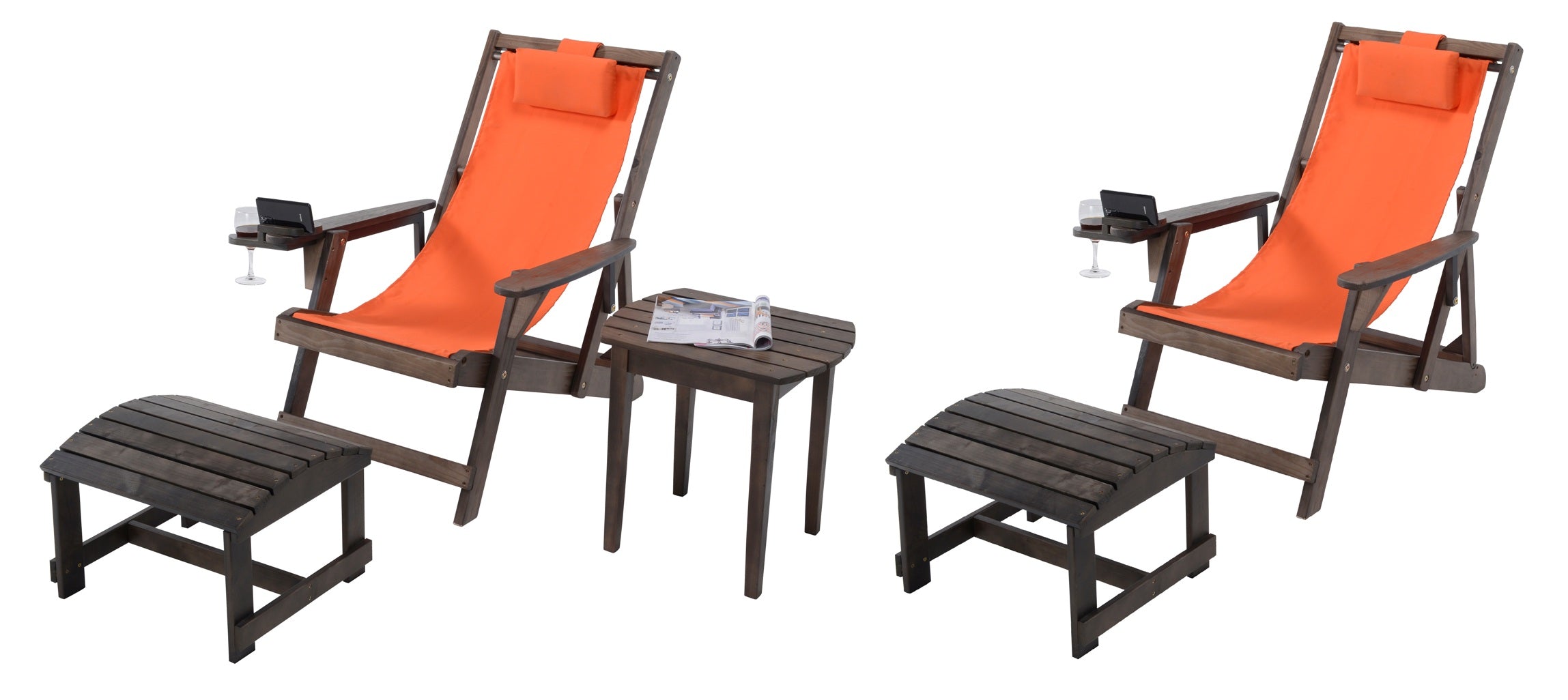 Canvas Sling Chair with Cup and Wine Holder and Ottoman (Set of 5)- Dark Brown and Orange