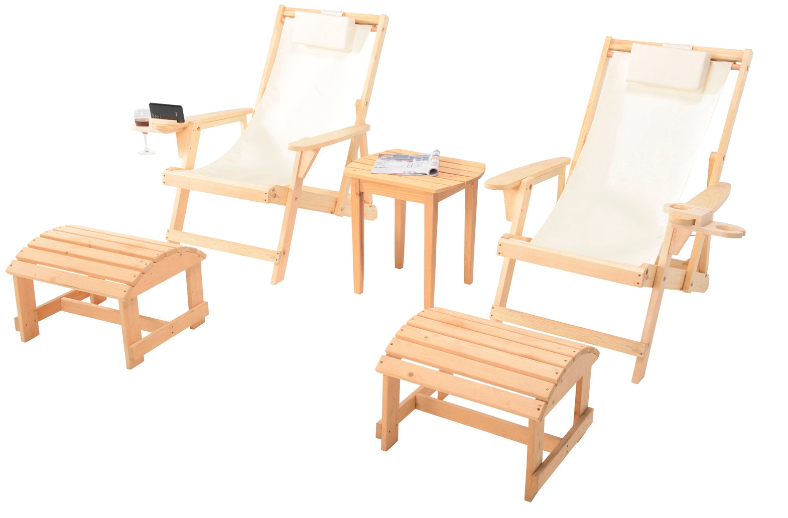 Canvas Sling Chair with Cup and Wine Holder and Ottoman (Set of 5)- Natural -Beige Color