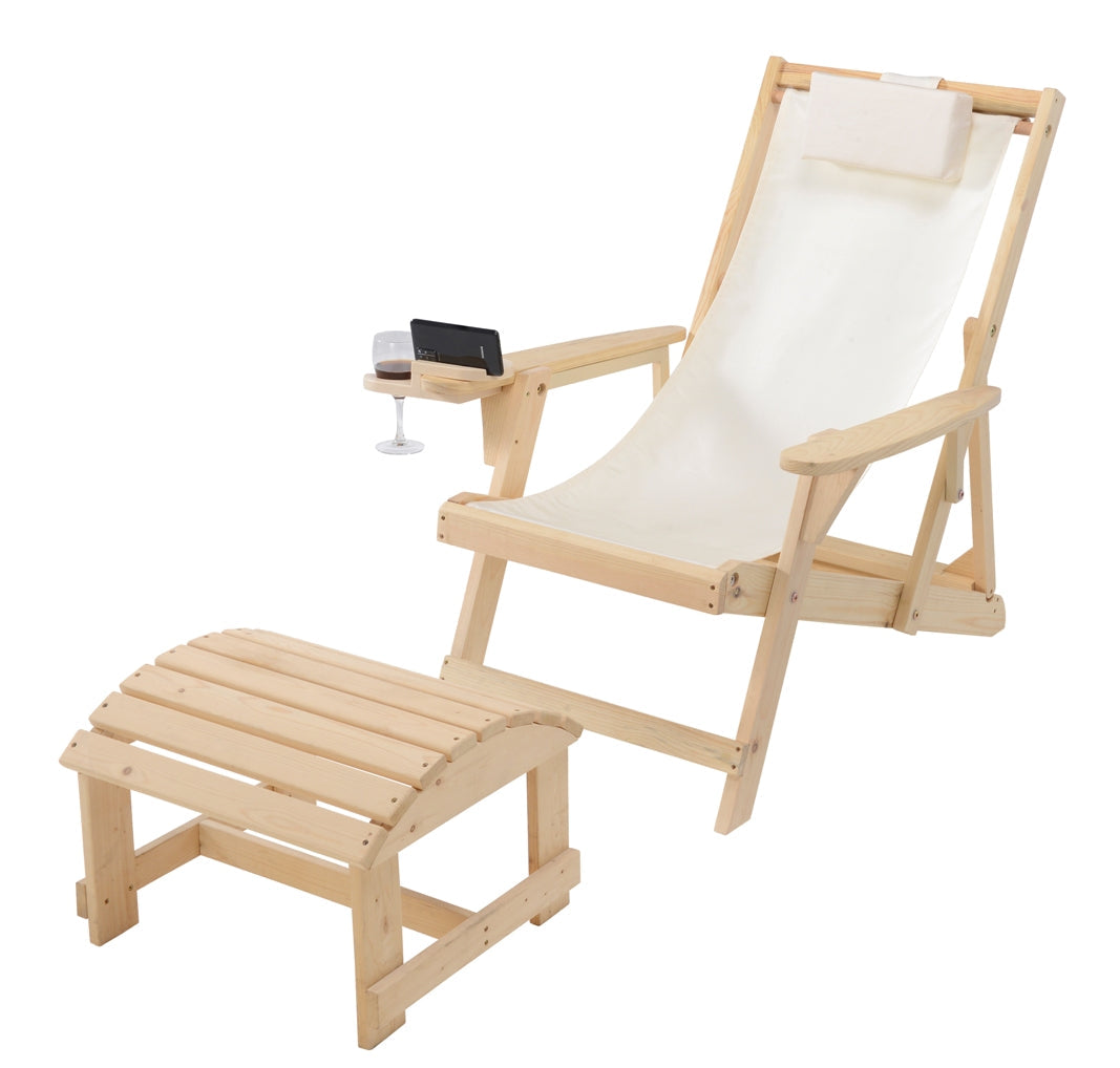 Canvas Sling Chair with Cup and Wine Holder and Ottoman- Natural -Beige Color