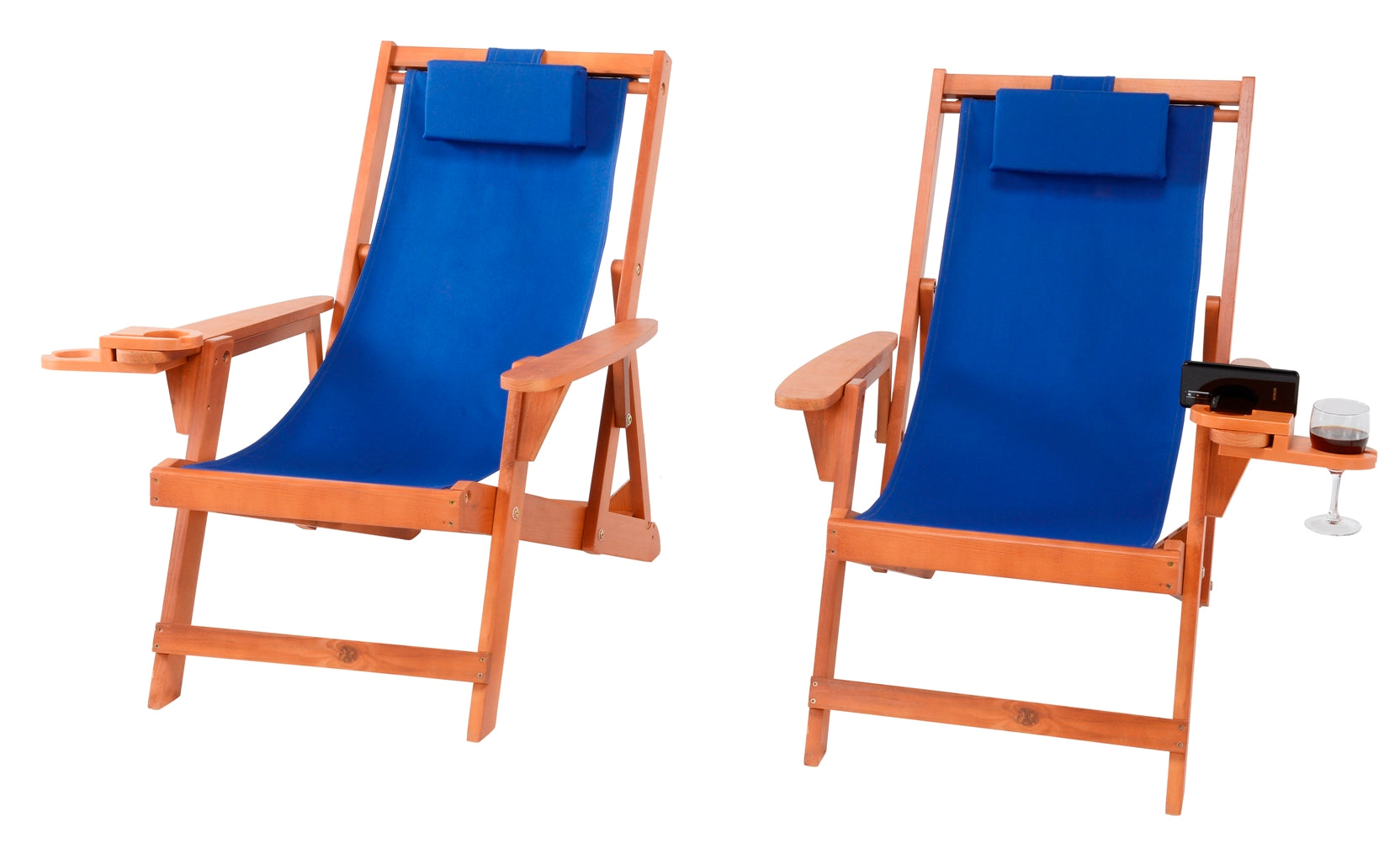 Canvas Sling Chair with Cup and Wine Holder (Set of 2)- Walnut