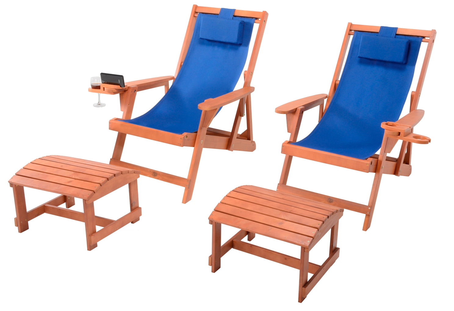 Canvas Sling Chair with Cup and Wine Holder and Ottoman (Set of 4)- Walnut