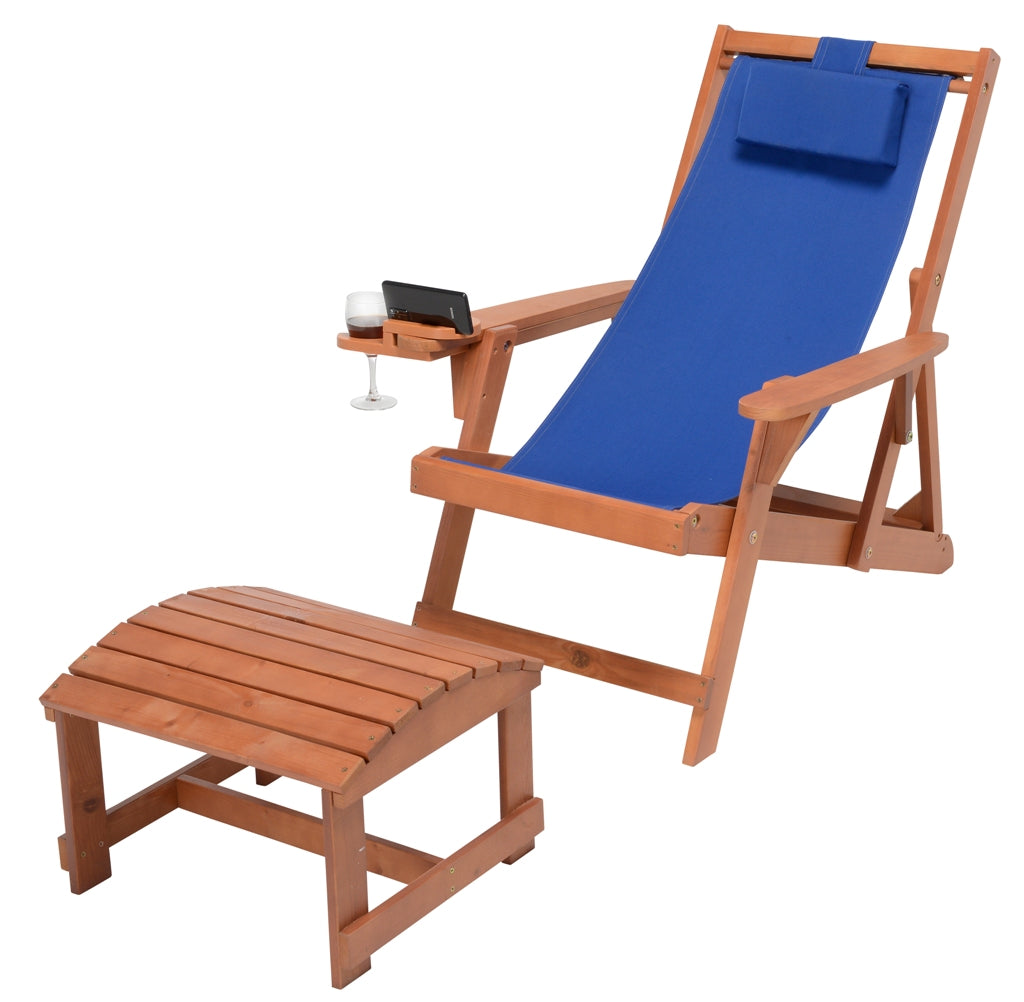 Canvas Sling Chair with Cup and Wine Holder and Ottoman- Walnut