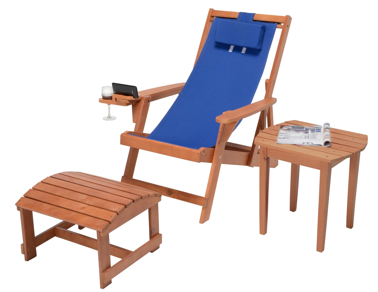 Canvas Sling Chair with Cup and Wine Holder and Ottoman (Set of 3)- Walnut