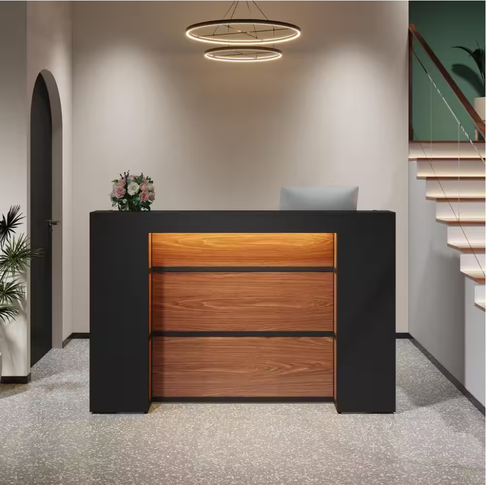 Modern 63" Reception Desk with LED Lights Black & Rustic Brown Finish