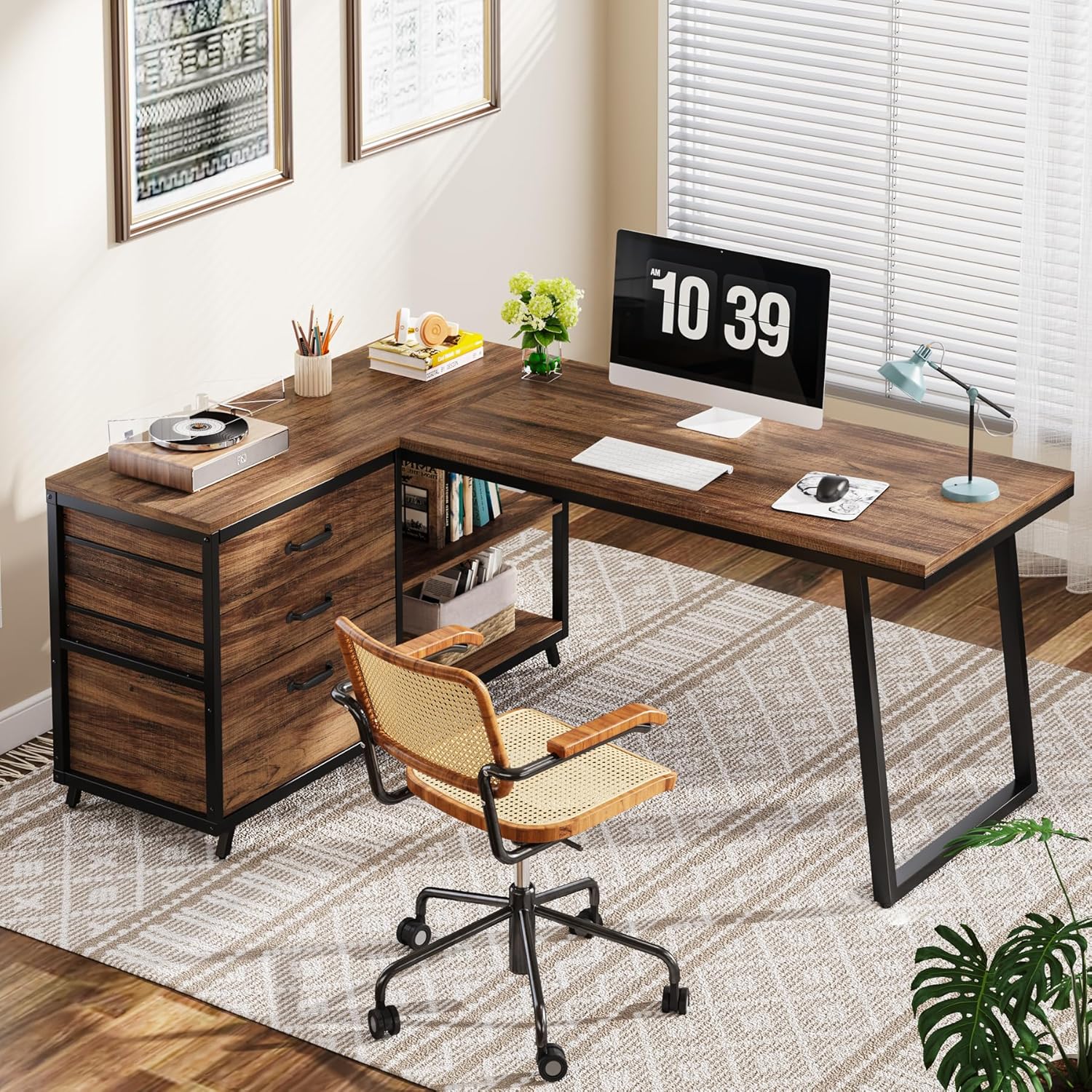 53" Reversible L-Shaped Computer Desk with 3 Drawers and Storage Shelves,  Rustic Brown
