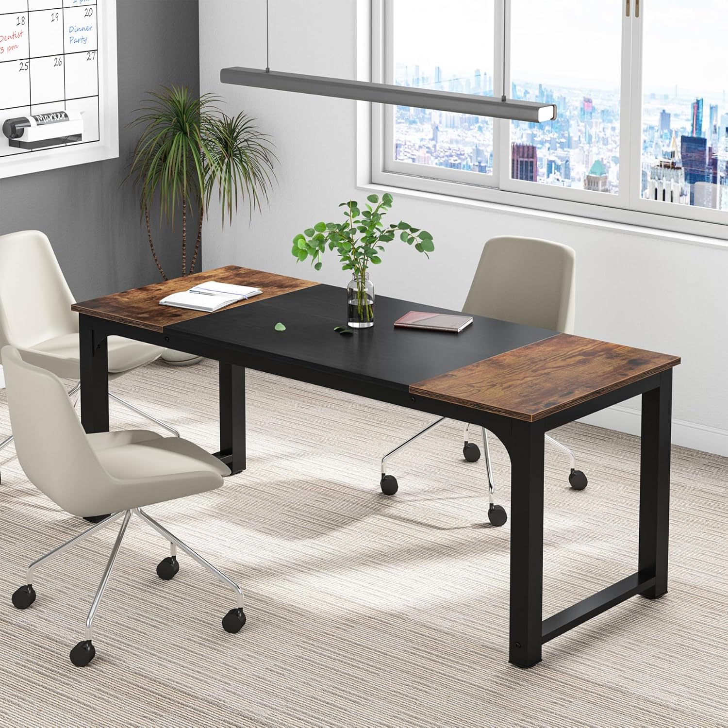 63" Executive Desk, Large Modern Office Computer Workstation with Thick Metal Frame, Business Furniture for Home Office, Rustic Brown & Black