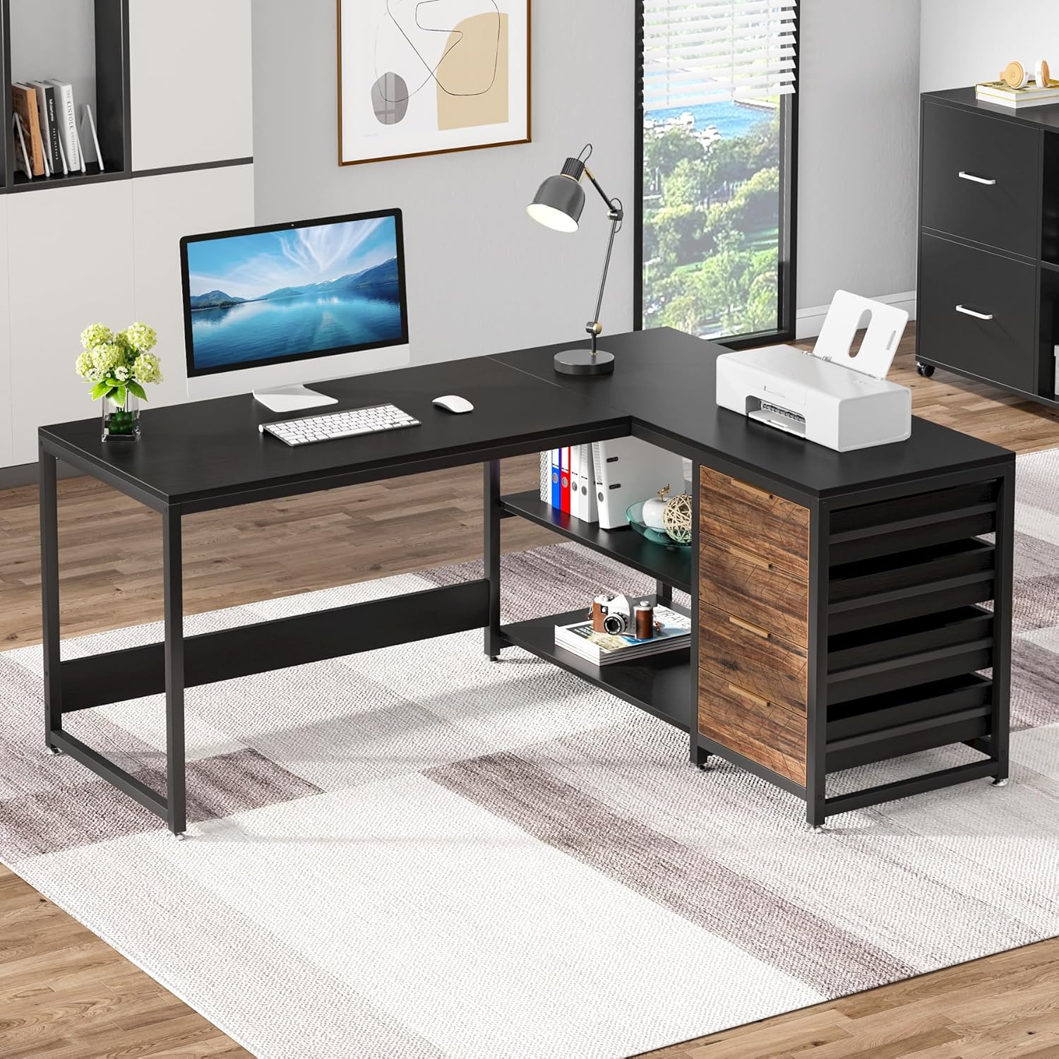 59" L-Shaped Computer Desk with Drawers and Storage Shelves, Reversible Corner Office Desk Workstation, Black