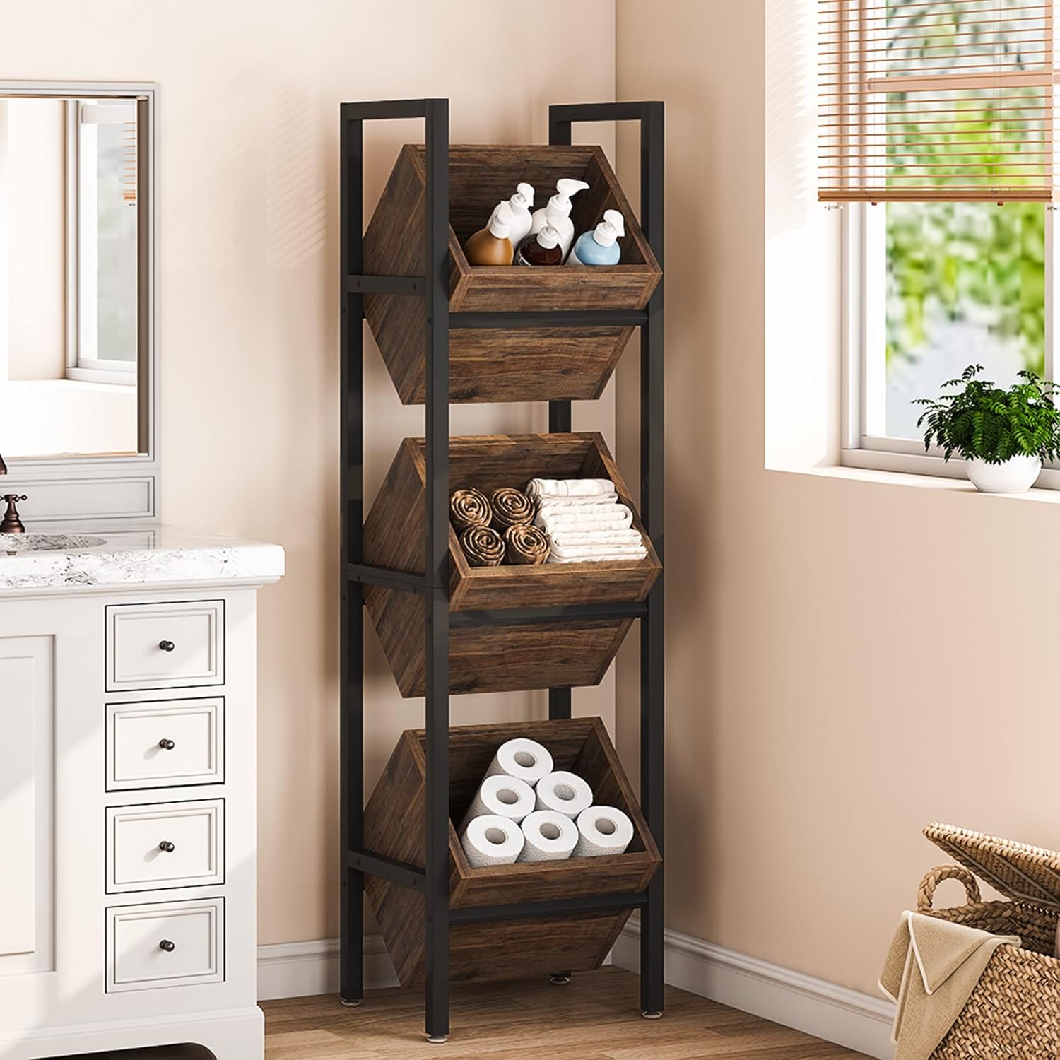 15" 3-Tier Industrial Basket Stand with Angled Baskets  Rustic Vertical Fruit & Snack Rack, Standing Storage Tower Organizer for Kitchen, Pantry, Bathroom, Living Room  Brown & Black Finish