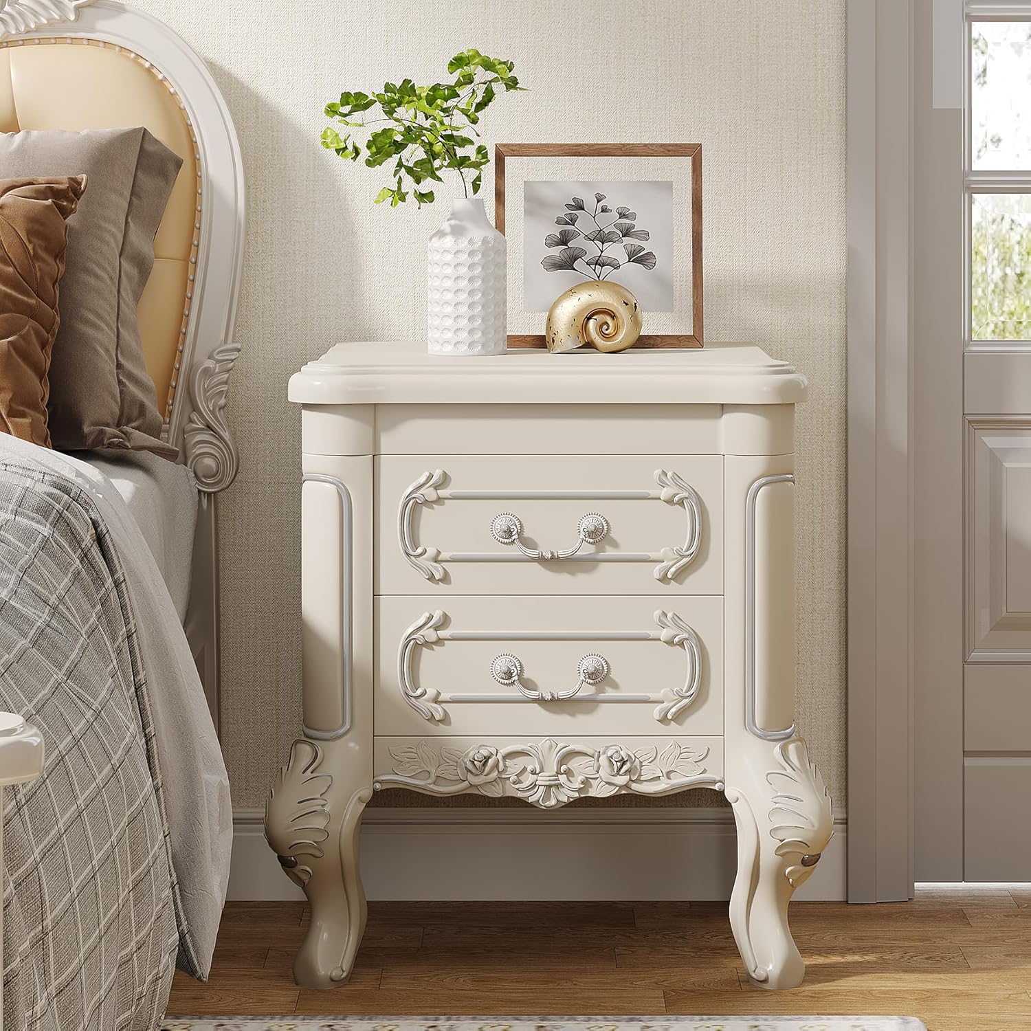 White 20" nightstand with 2 drawers, classic carved design, elegant wood side table