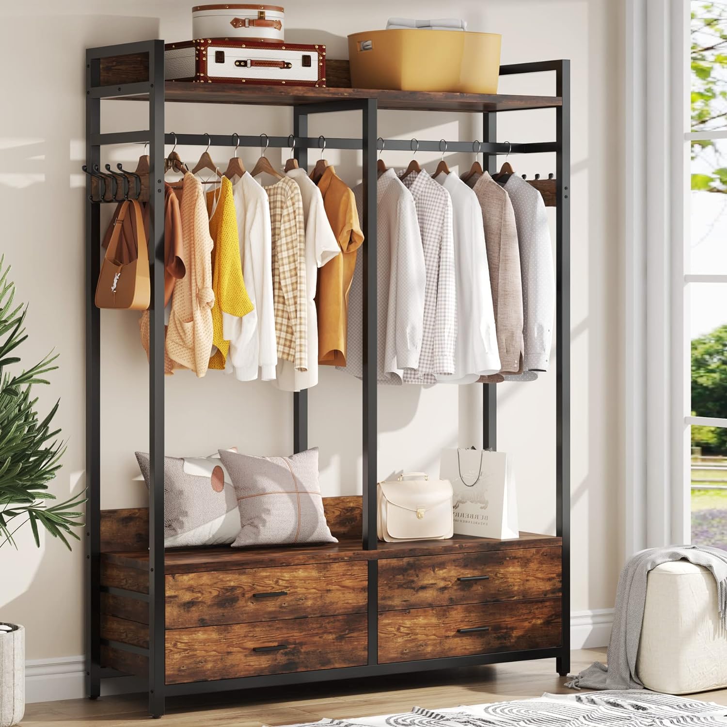 47.2" Rustic Brown Freestanding Closet Organizer, Heavy-Duty Garment Rack with 4 Drawers, 8 Hooks, Shelves, and Hanging Rod f