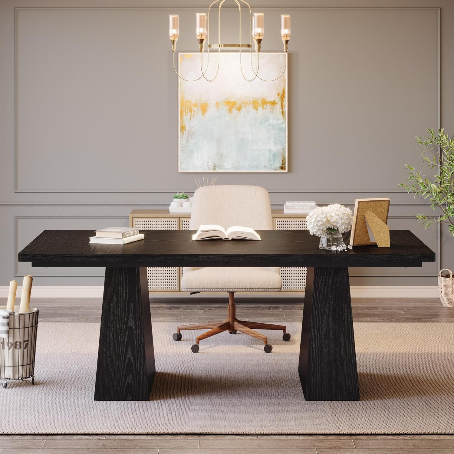 63-Inch Executive Desk, Large Office Computer Desk with Double Pedestal, Modern Simple Workstations Writing Table Conference Table Business Furniture for Home Office, Black