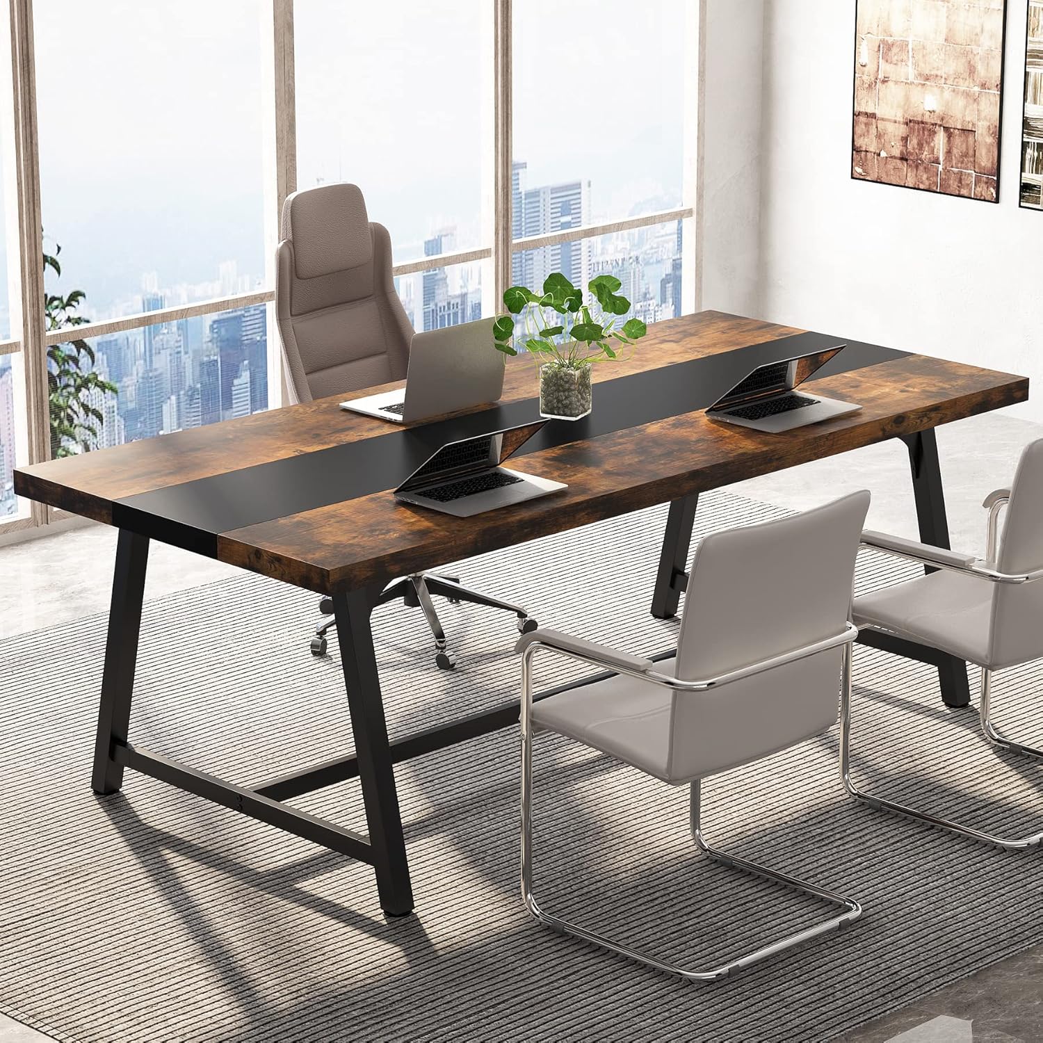 70.87", Modern Rectangular Conference Table for 6-8 People, Office Executive Desk with Durable Metal Frame, Large Work Surface for Boardroom & Team Collaboration  Rustic Brown & Black