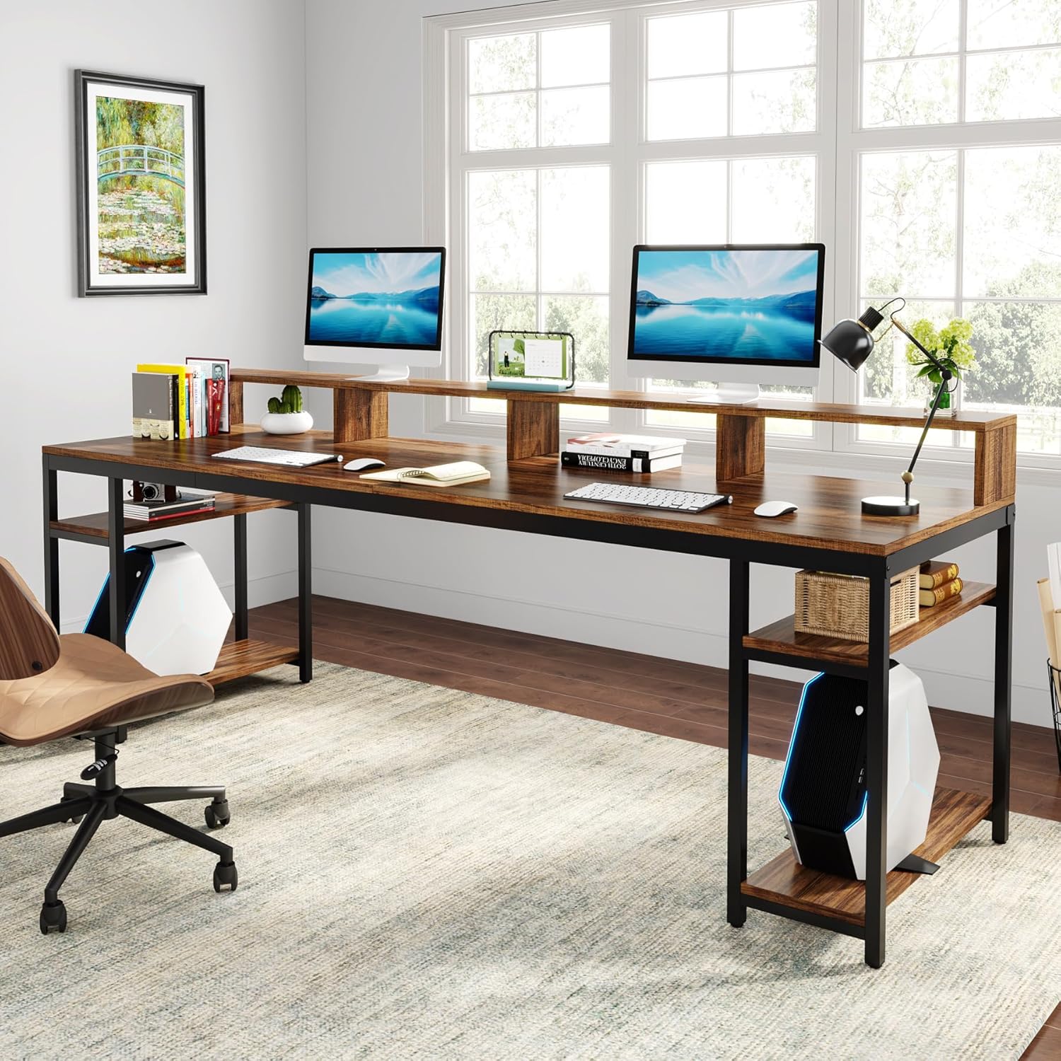 2 people Desk with Monitor Stand, 78.74" Long Double Computer Office Desk with Storage Shelves Office (Rustic Brown)