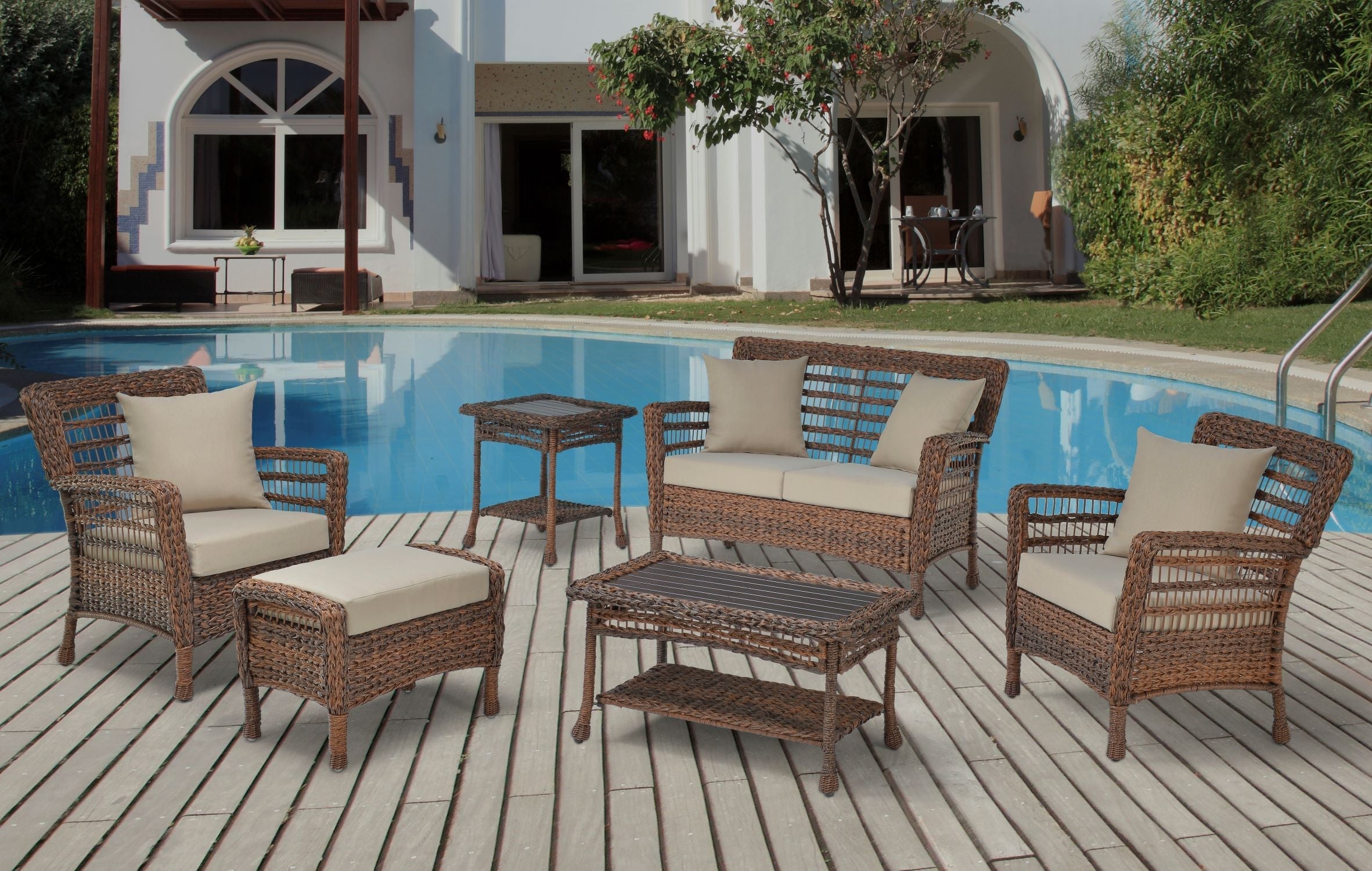 Faux Sea Grass Resin Rattan Patio Set - 1 Loveseat, 2 Armchairs, 1 Coffee Table, 1 End Table and 1 Ottoman