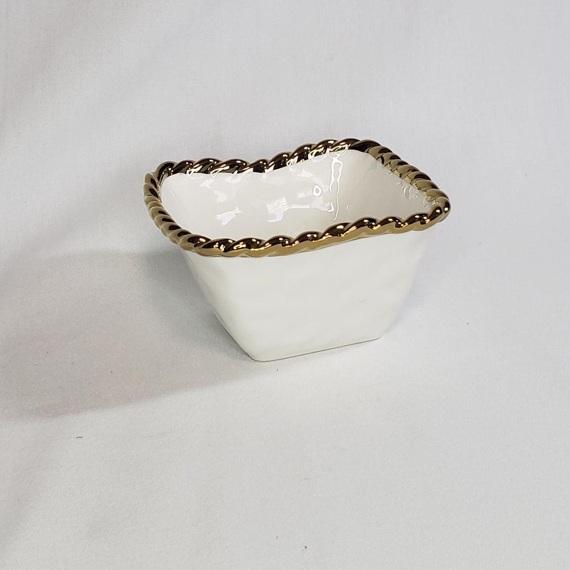 Simplicity Collection Ceramic White Square Bowl Gold Accent Rope Rim  4.75"