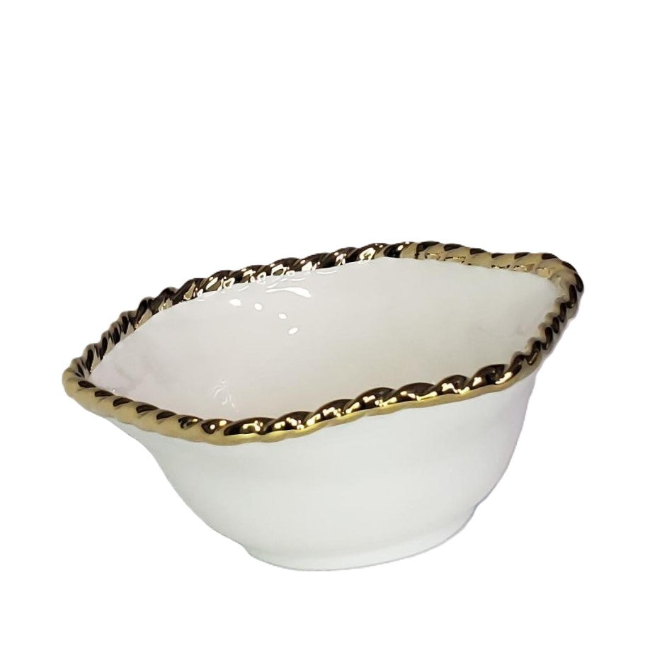 Simplicity Collection Ceramic White Round Bowl Gold Accent Rope Rim 6.5"