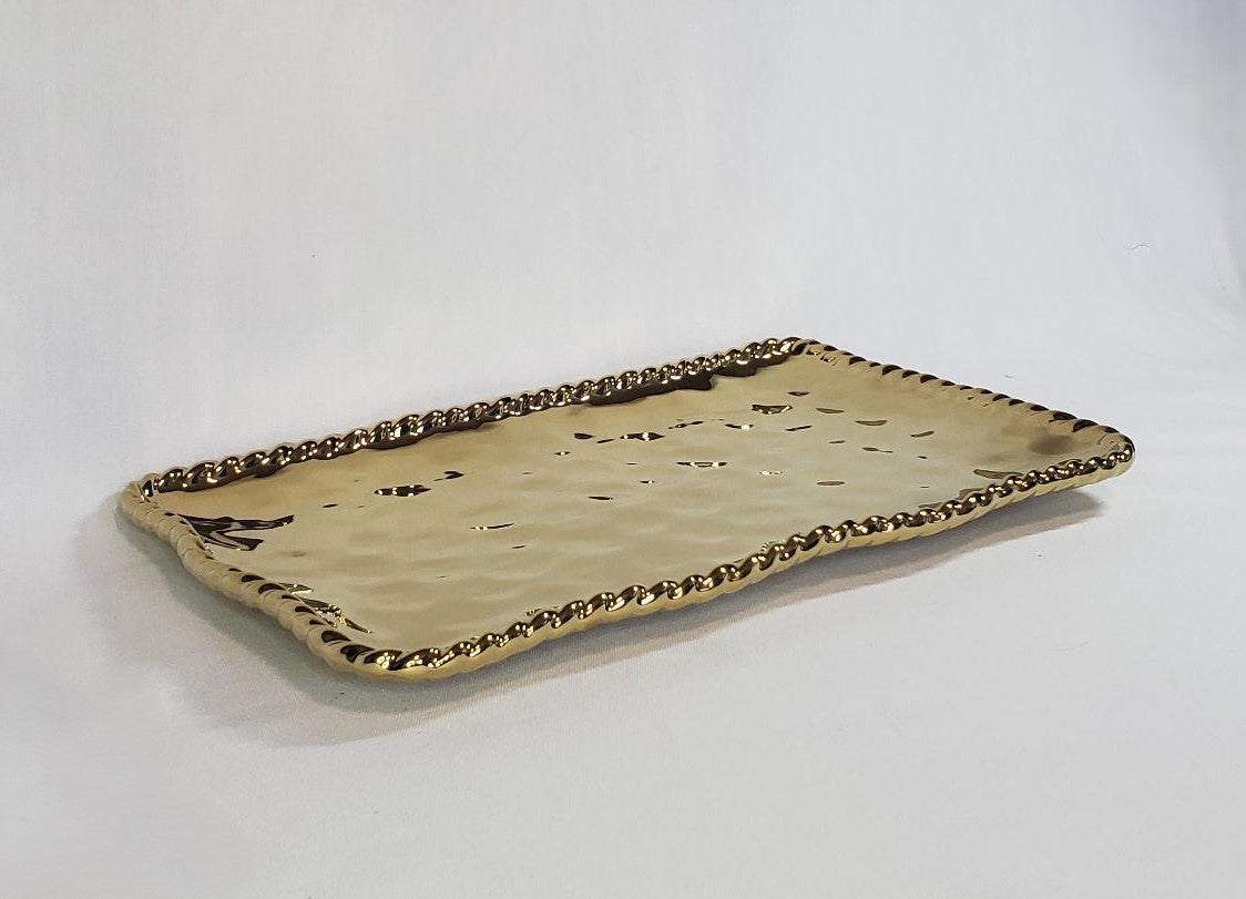 Gold Ceramic Serving Tray with Rope Accent Rim  14.25"