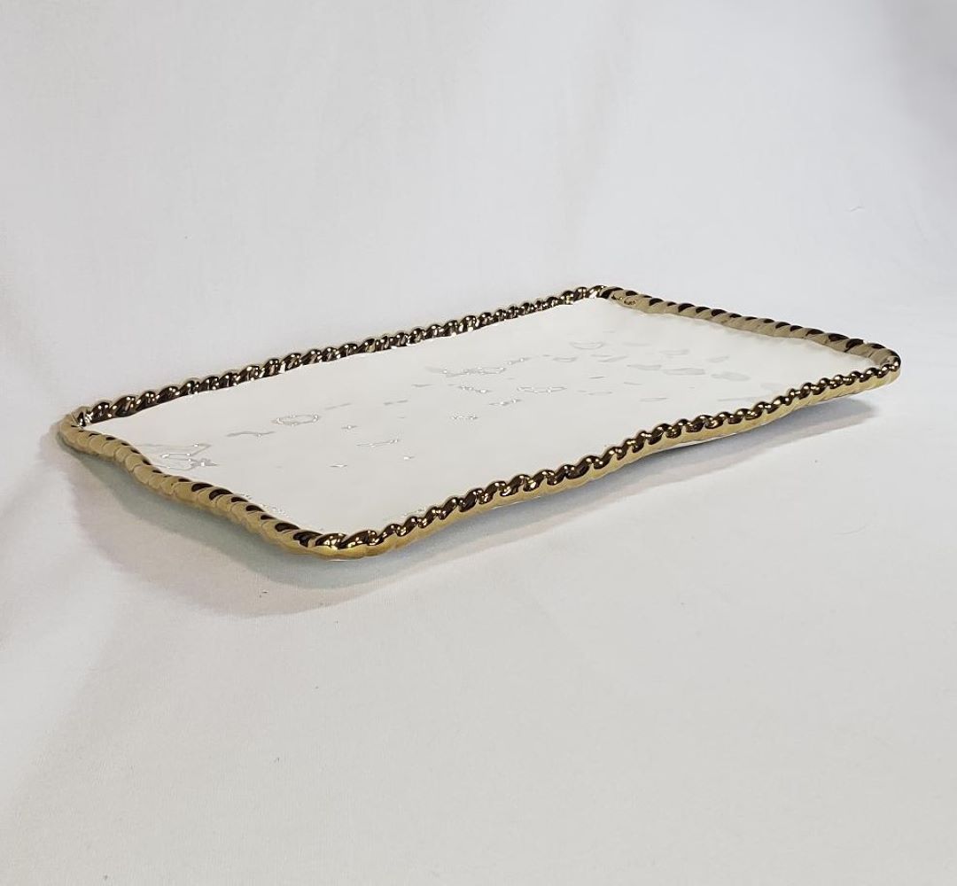 Simplicity Collection Ceramic Serving Tray with Gold Accent Rope Rim