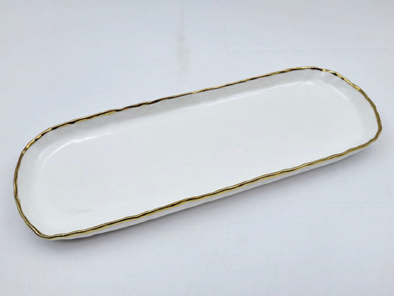 13.5" Simplicity Collection White Porcelain Gold Trim rectangular tray