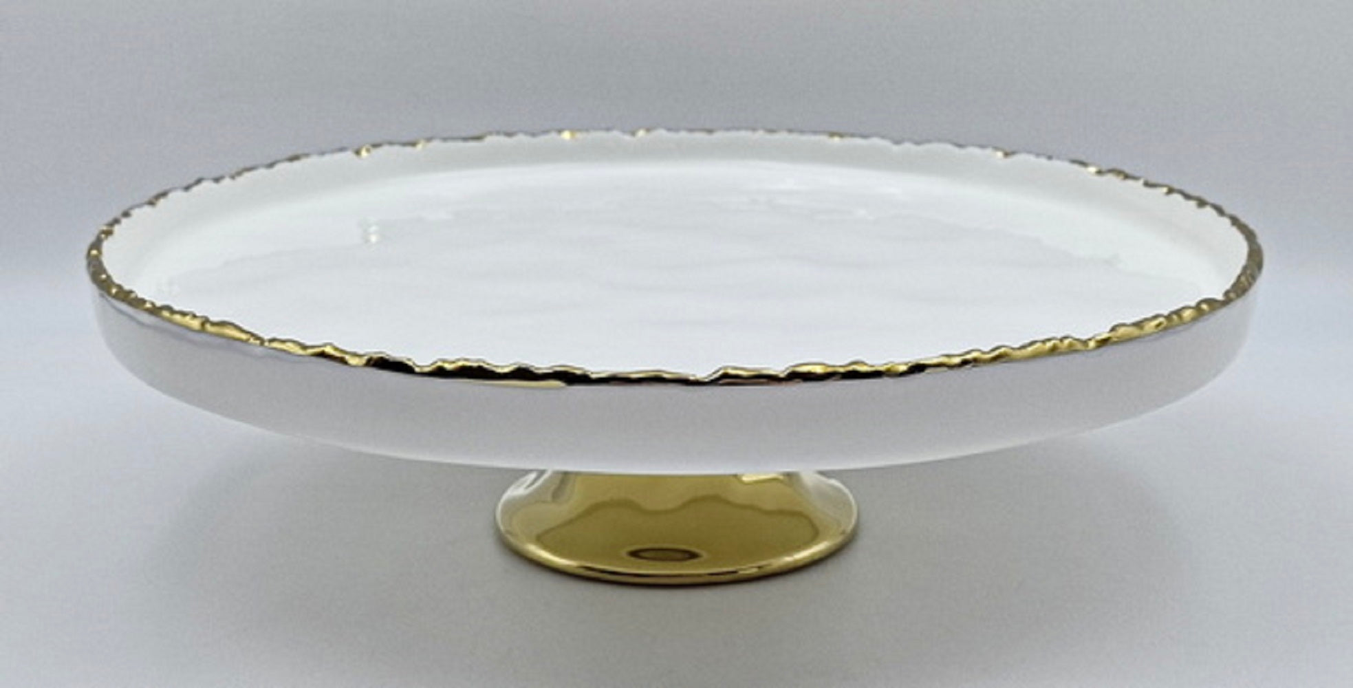Simplicity Collection White Porcelain Raised Gold Trim Round Cake Plate with Stand