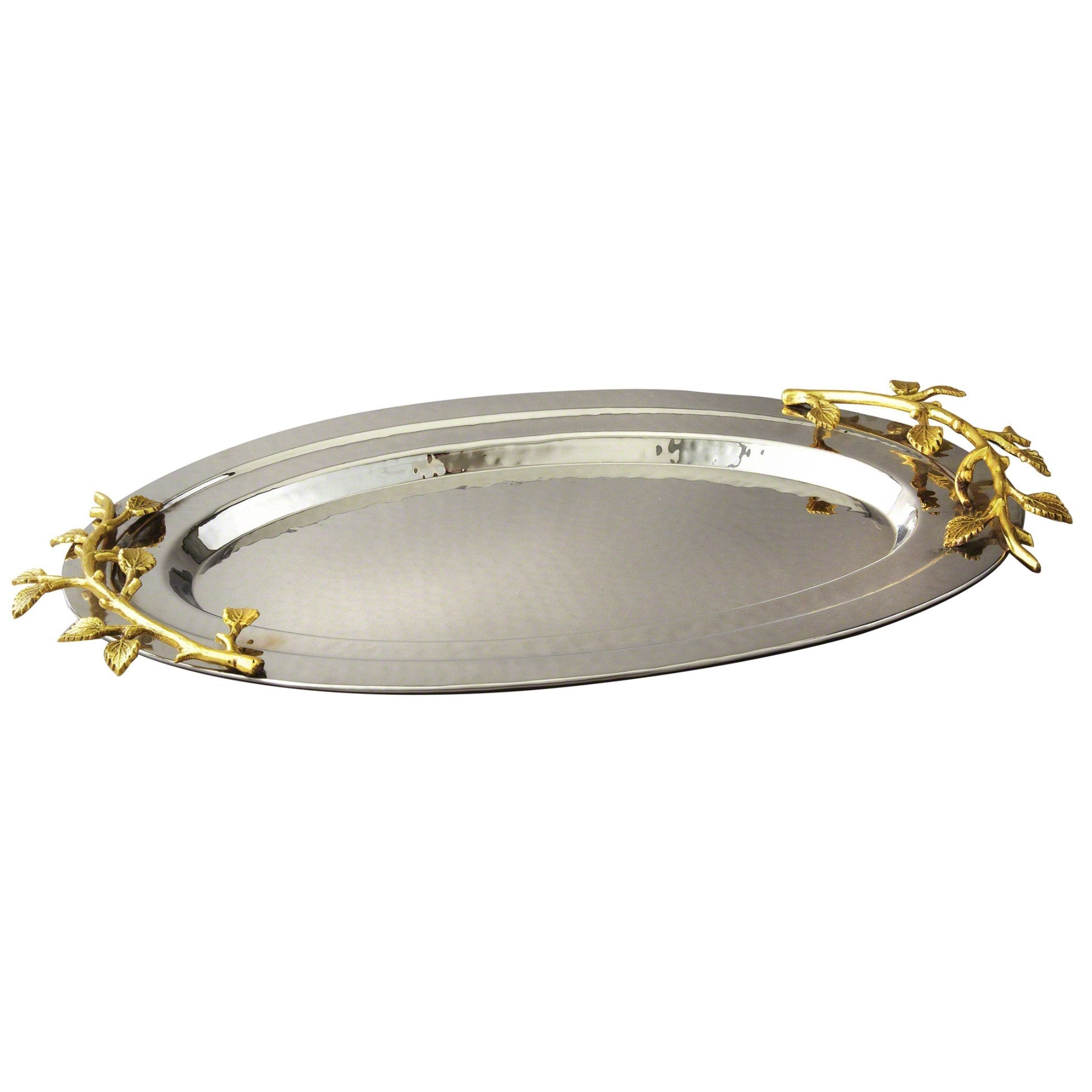 Gilt Leaf Oval Hammered Stainless Steel Tray 16-1/2" x 10"