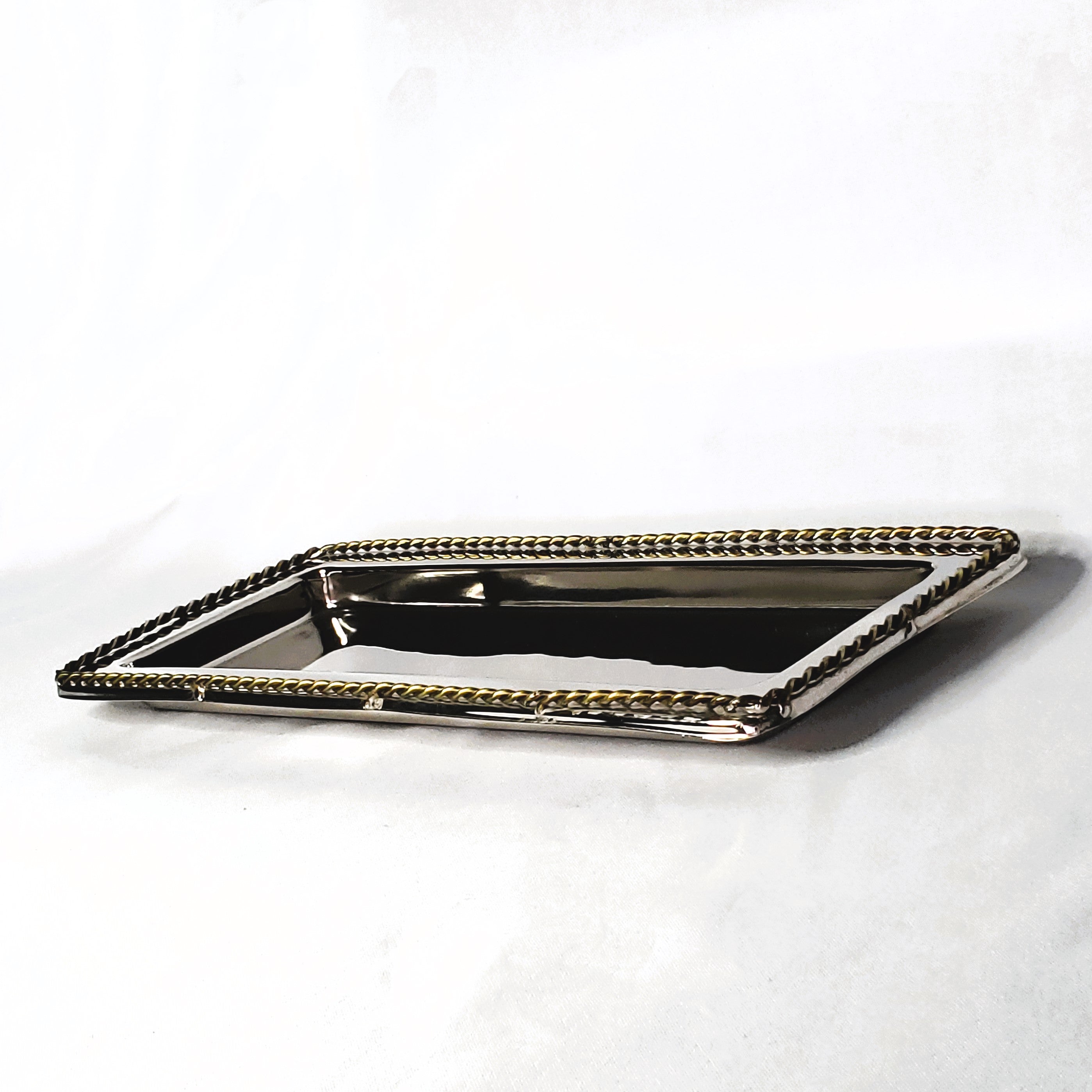 Stainless Steel Silver Vanity tray 14 x 5.75", gold plated w/twisted border