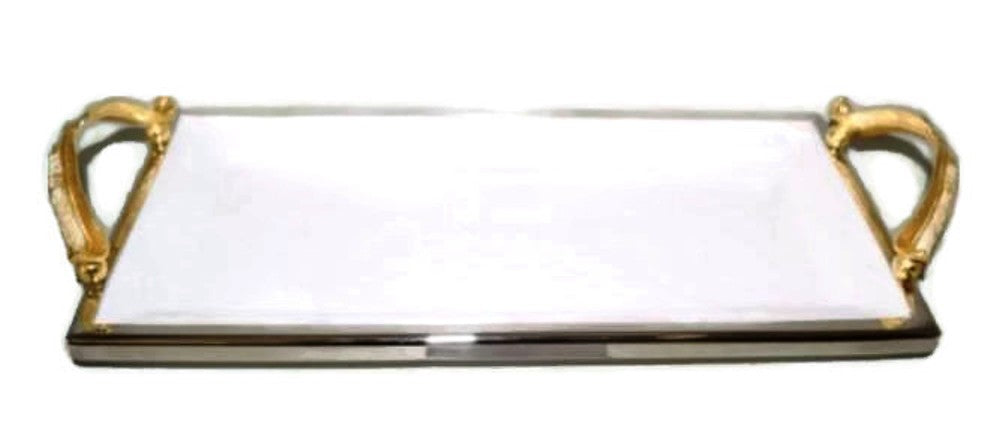 Gold Feather Ceramic Rectangular Tray with Handle L: 14.25"