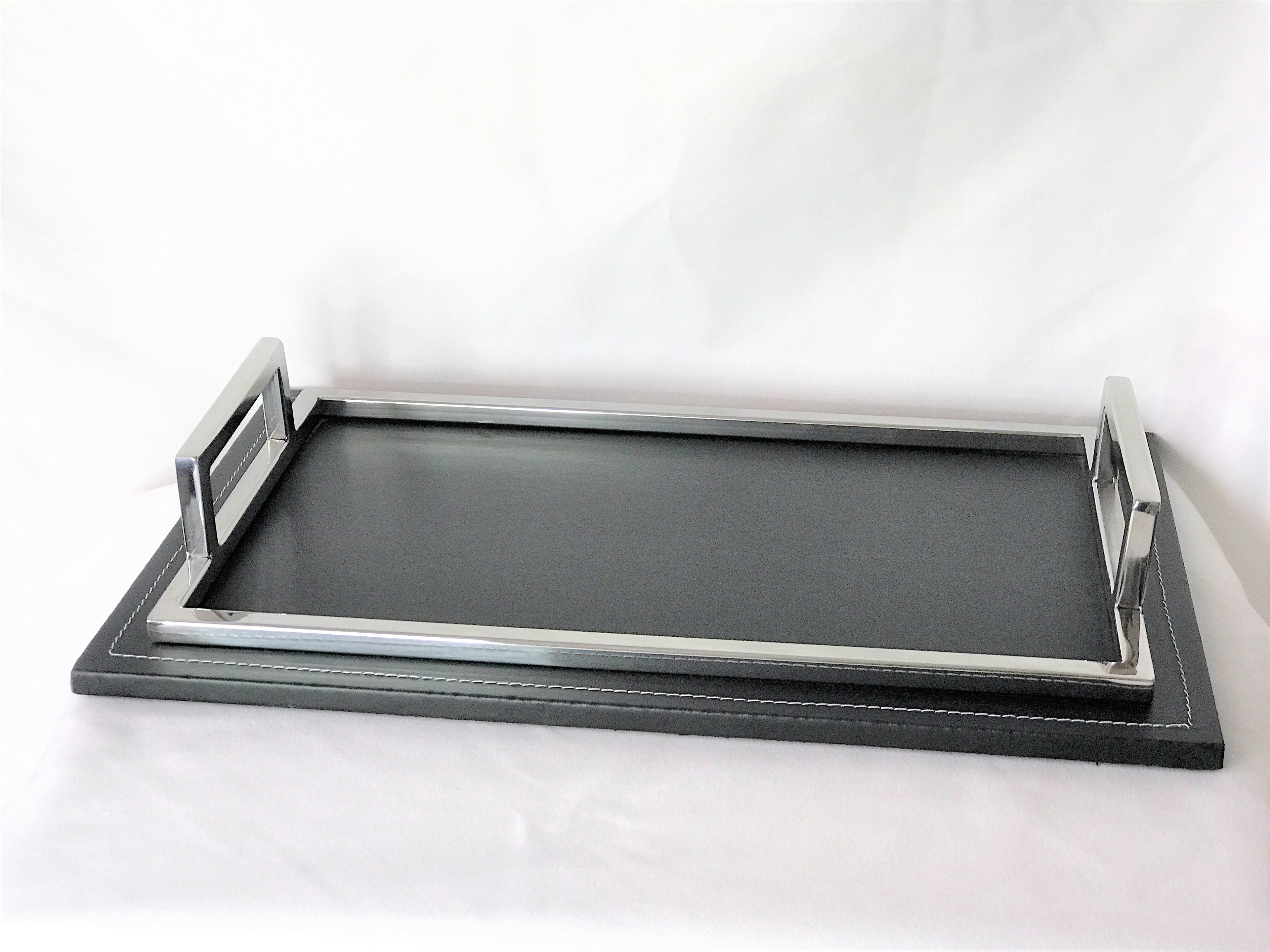 Rectangular tray with leather bottom 18 x 11"