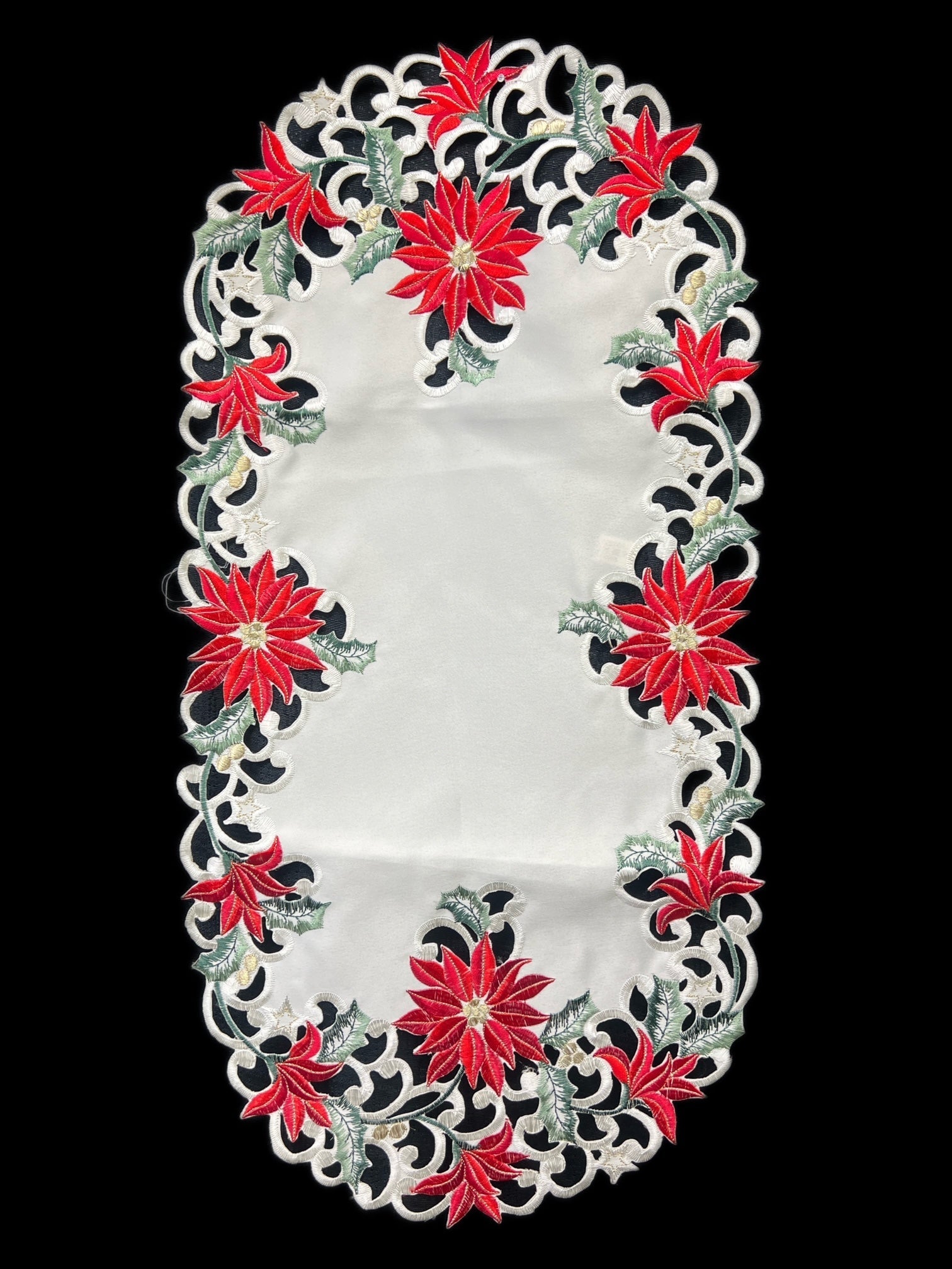 Christmas Poinsettia Embroidered Cutwork Rectangular Table Runner, 13 by 27 inch
