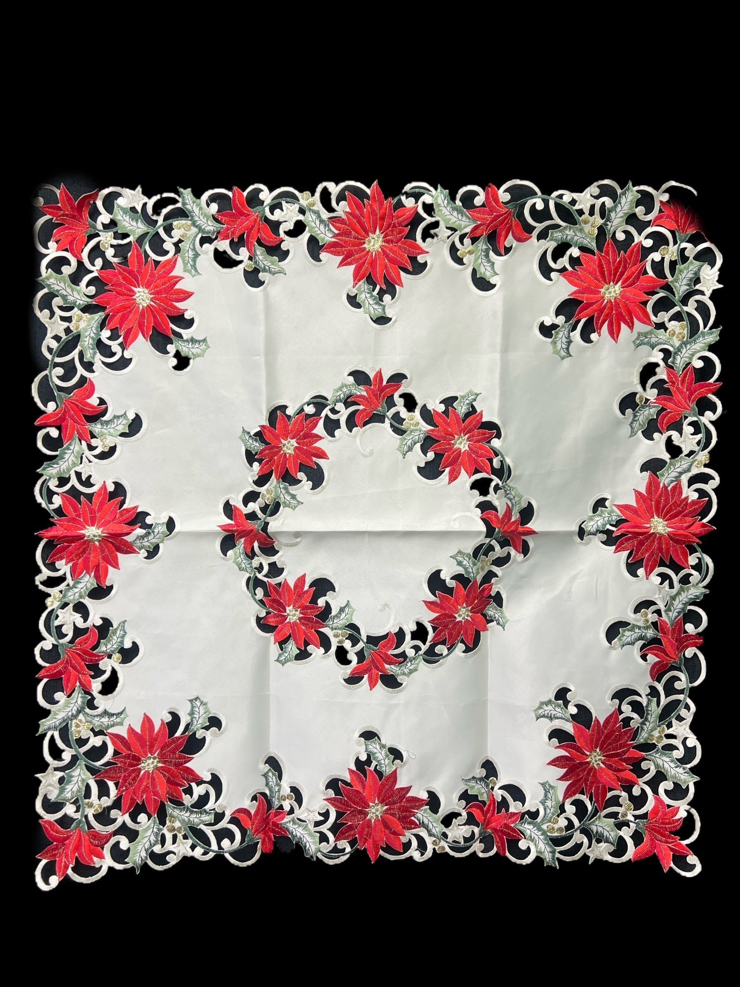 Christmas Poinsettia Embroidered Cutwork Square tablecloth, 36 inch Square