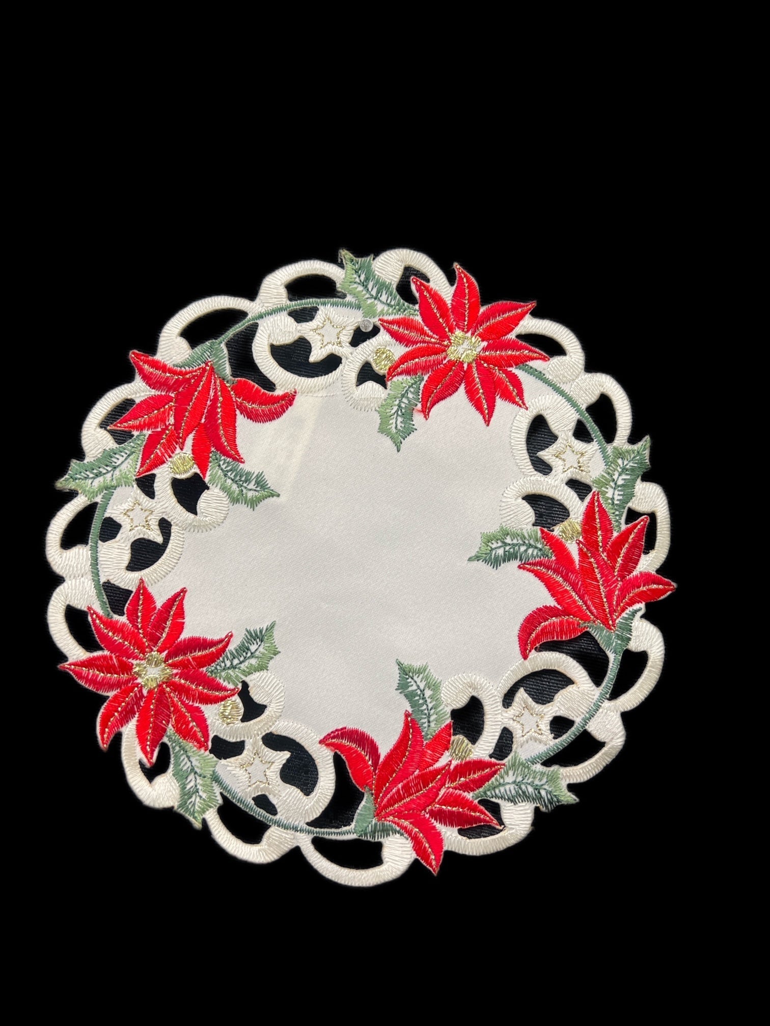 Christmas Poinsettia Embroidered Cutwork Round Placemat, 8-Inch diameter