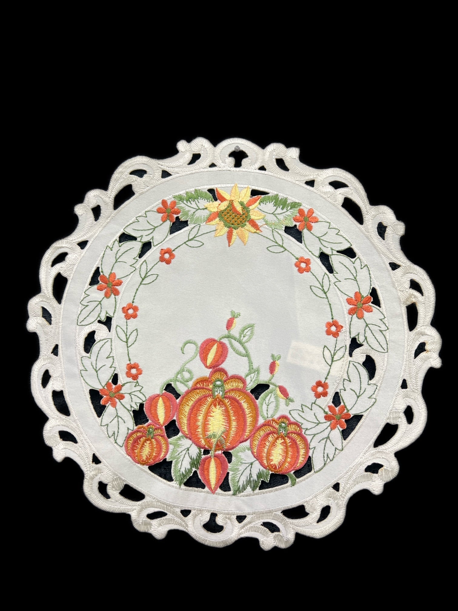 Pumpkin Embroidered Cutwork Round Placemat, 12-Inch diameter