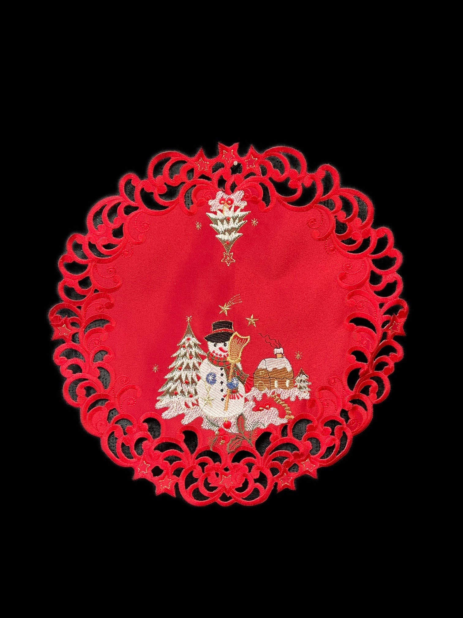 Snow Man Embroidered Cutwork Round Placemat, 15-Inch diameter