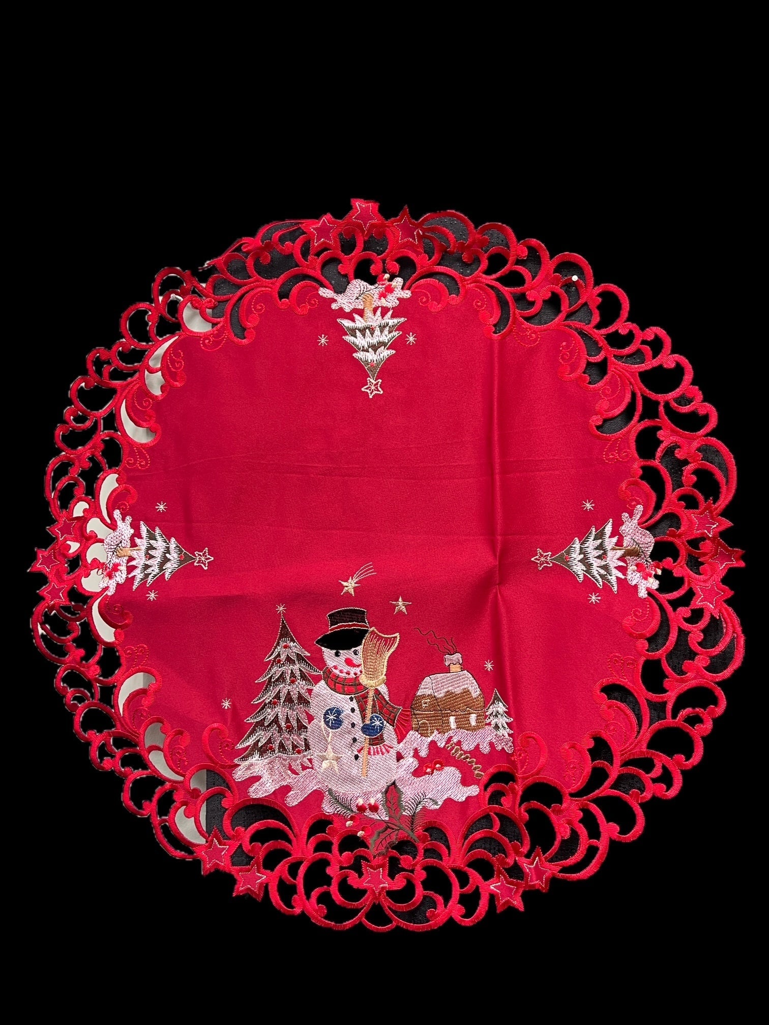 Snow Man Embroidered Cutwork Round Placemat, 23-Inch diameter