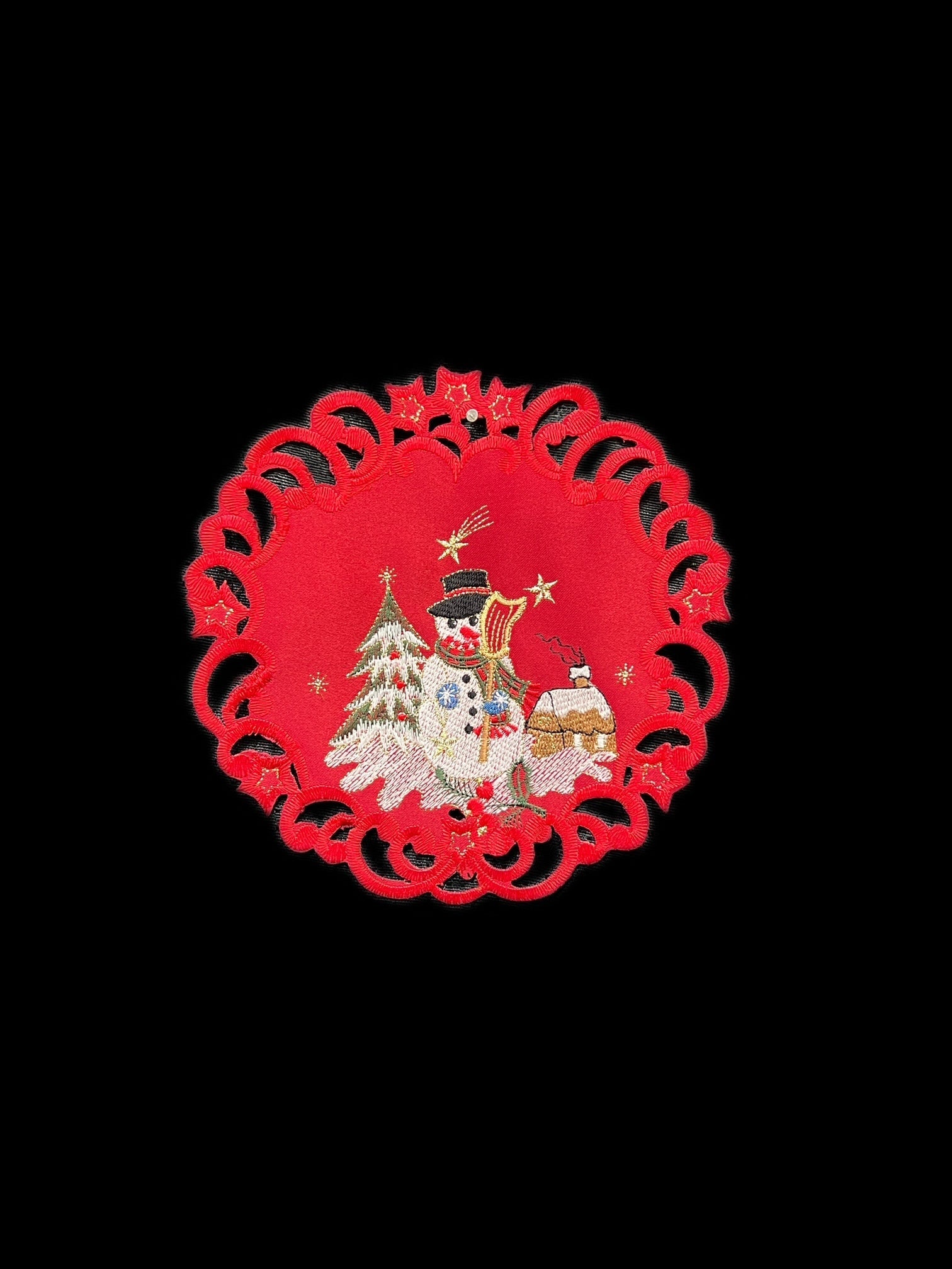 Snow Man Embroidered Cutwork Round Placemat, 8-Inch diameter