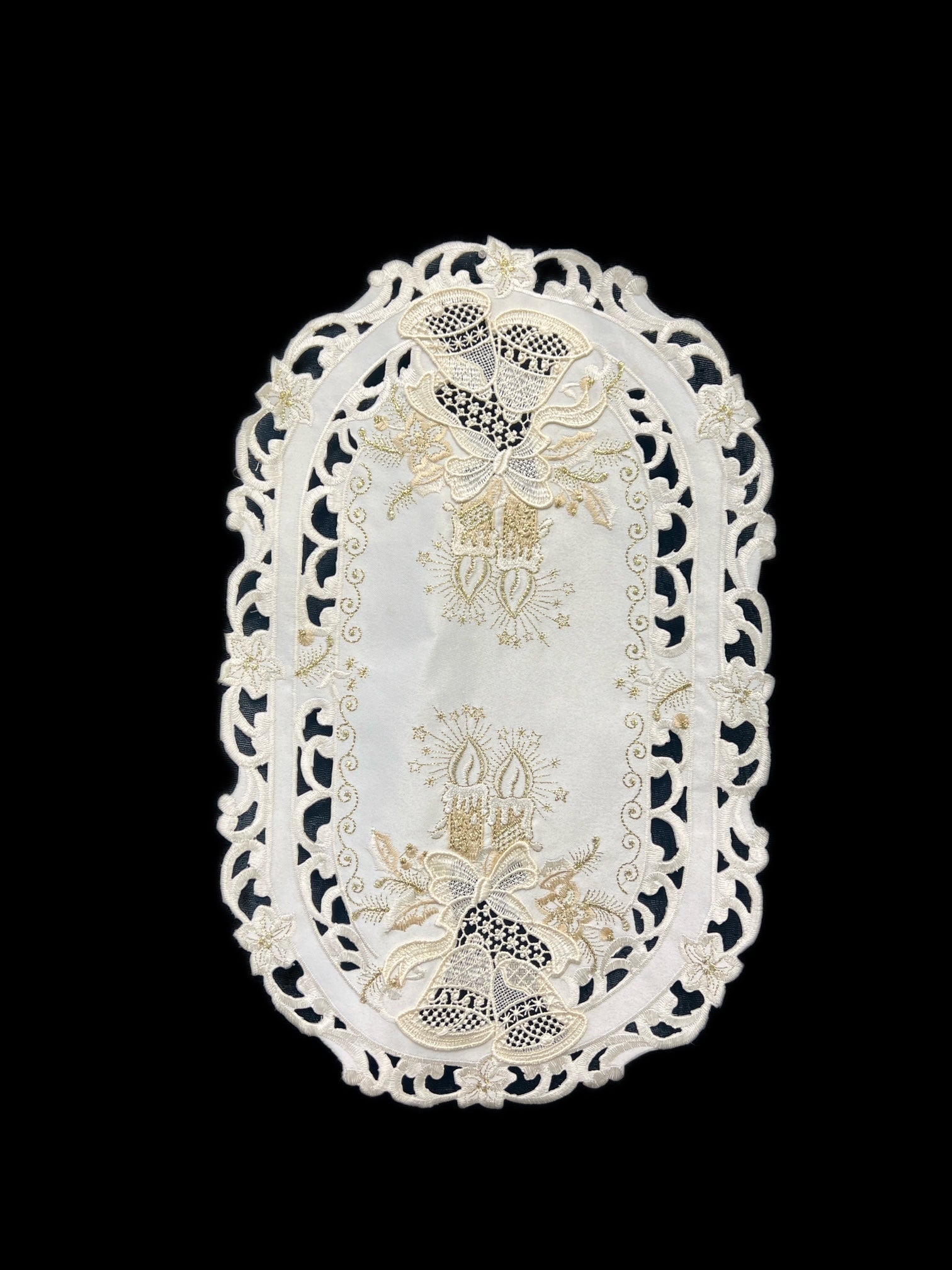 Christmas Candle Beige Lace Embroidered Cutwork Placemat, 12 by 17 inch